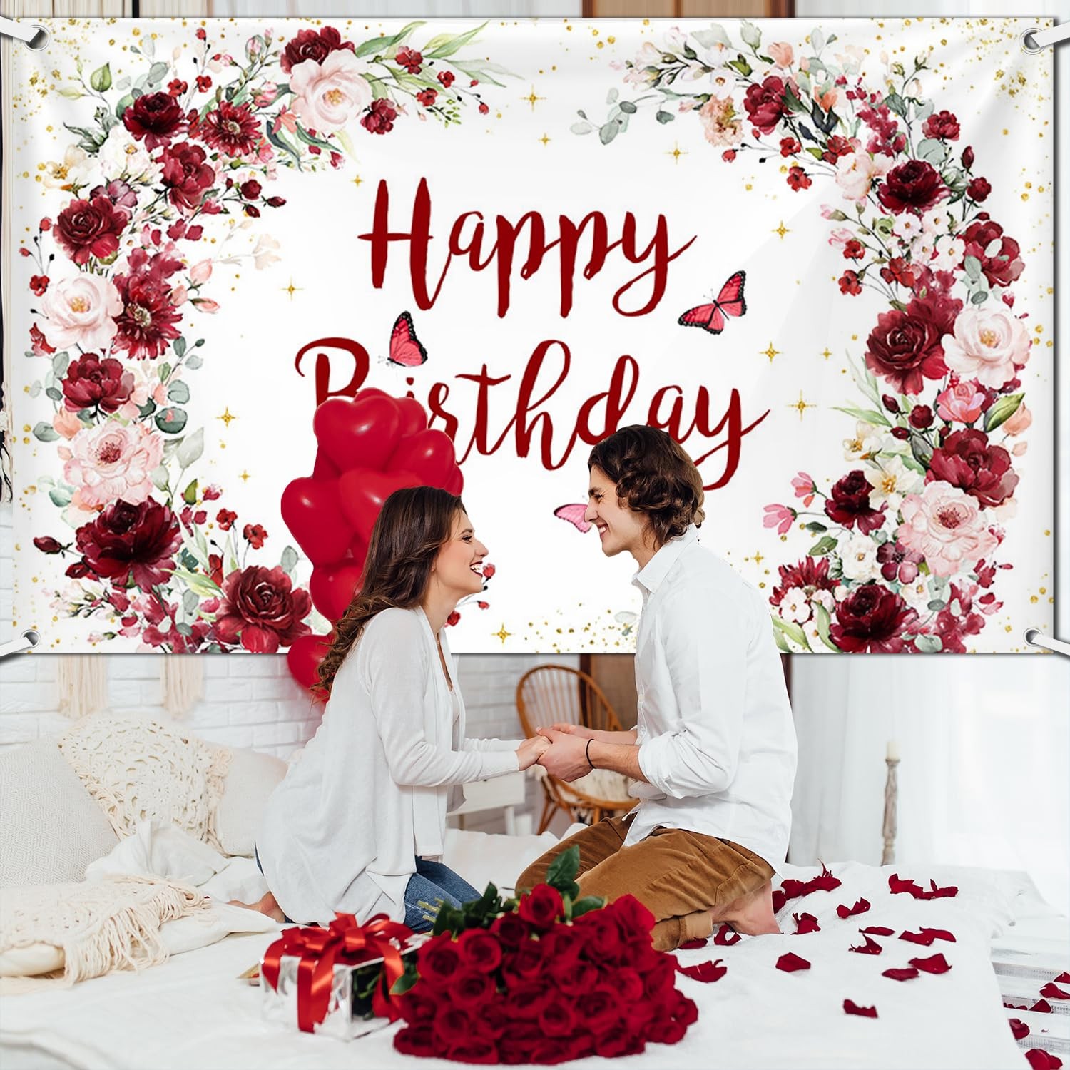 Happy Birthday Backdrop for Women Flower Photography Background Red Floral