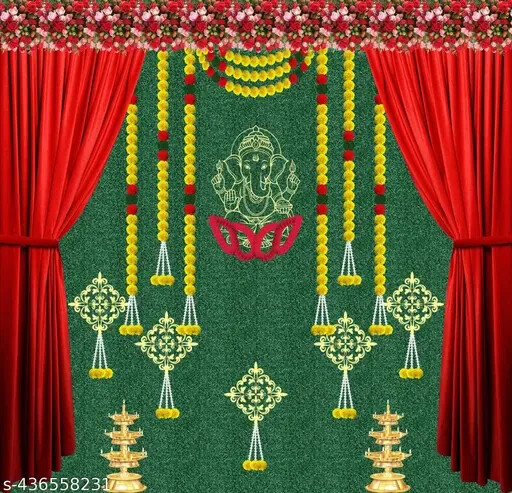 Festive backdrop for home pooja, backdrop decoration cloth, background decoratio