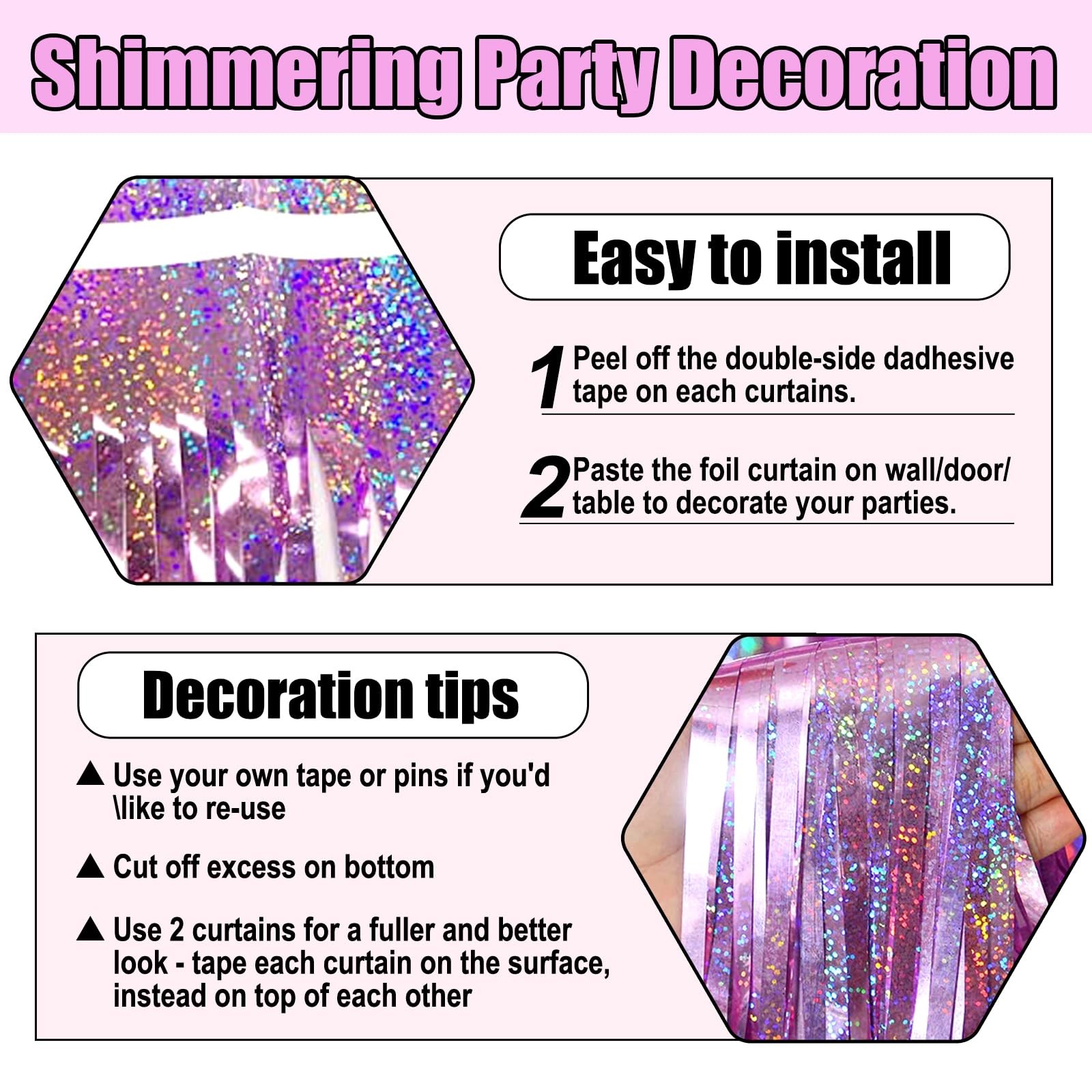 6 PCS Pink Foil Fringe Curtain Backdrop Metallic Tinsel Photo 3.28×8.2Feet