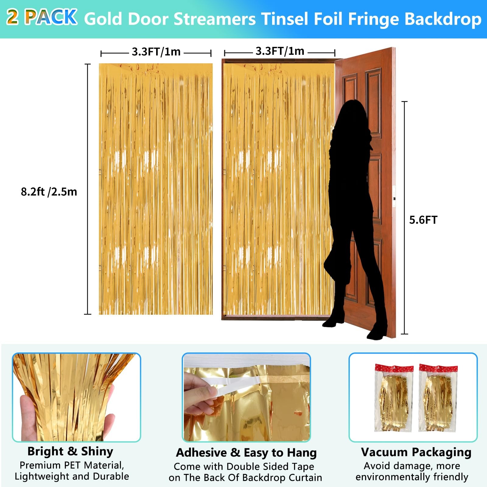 JEBUTU Gold Foil Fringe Backdrop Curtains 2 Pack 3.3×8.2 Ft Tinsel Streamer