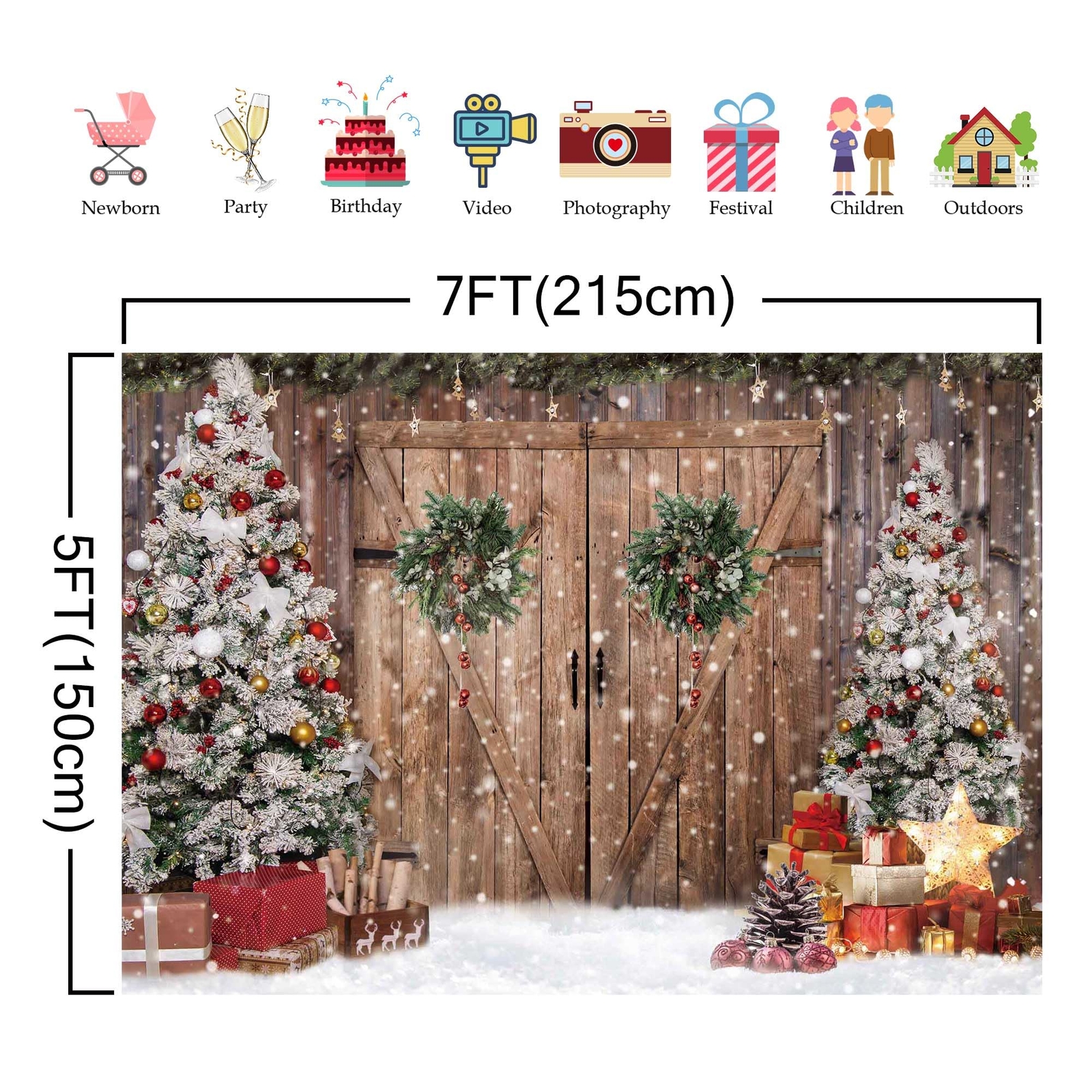 Rustic Christmas Barn Wood Door Backdrop Xmas Tree Photography Background Decor