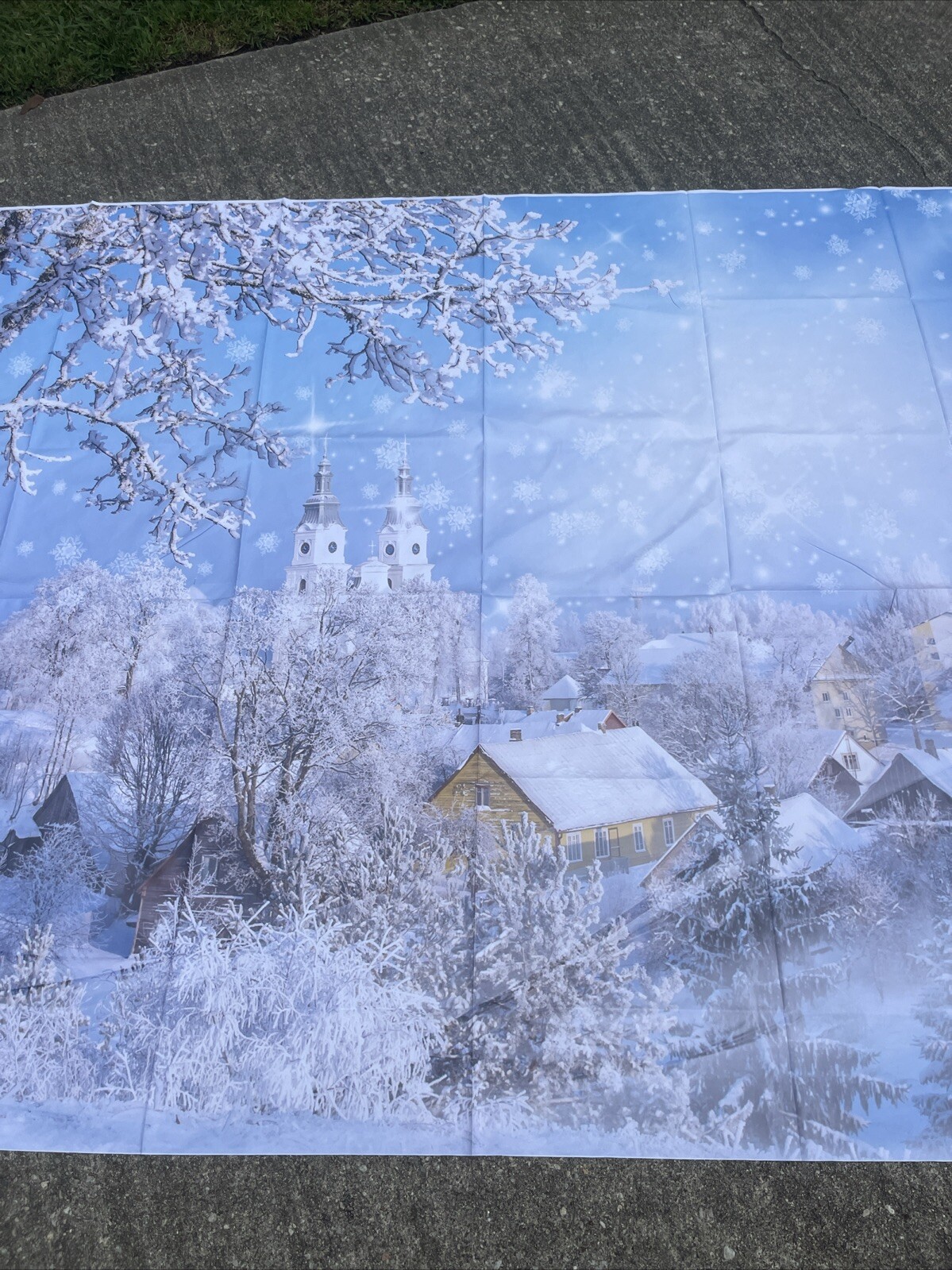 Winter cityscape snow blue backdrop fabric 5×7