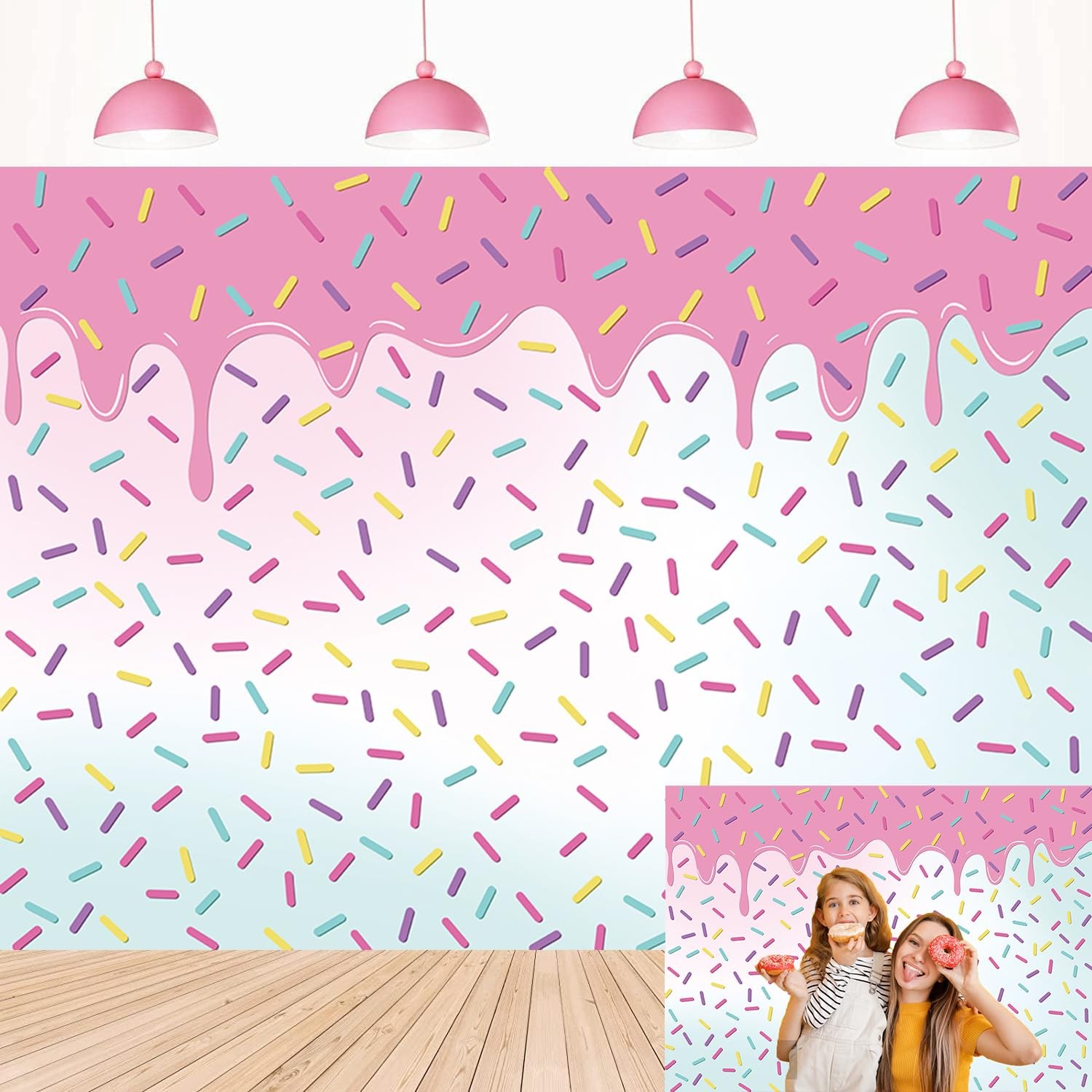 Donut Grow Up Birthday Party Backdrop Bright Confetti Sprinkle Pink 5x3FT