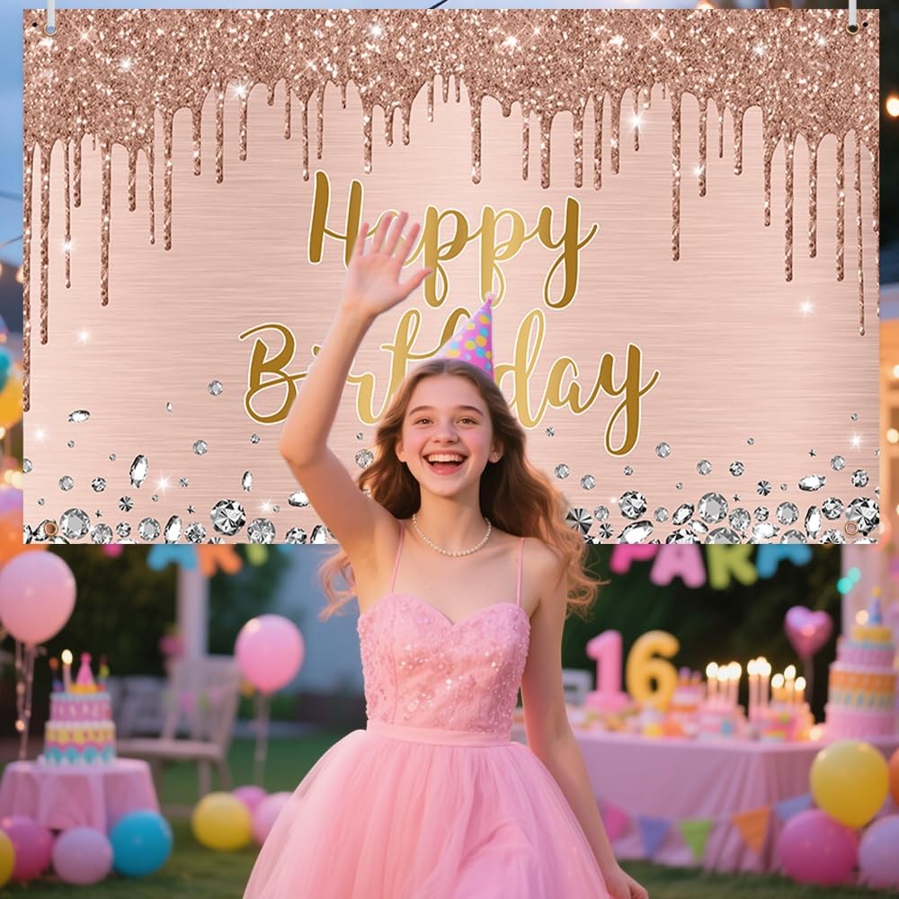 Happy Birthday Backdrop 5.9×3.6ft Pink Rose Gold Glitter Photography Decor