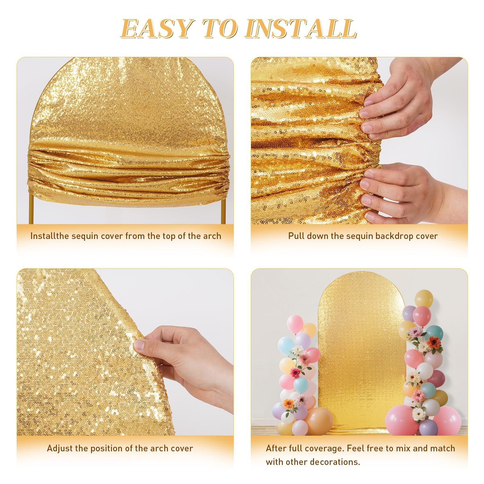 Arch Backdrop Cover Set of 3, 7.2FT 6.6FT 6FT Gold Bling Sequin Backdrop, Rou…