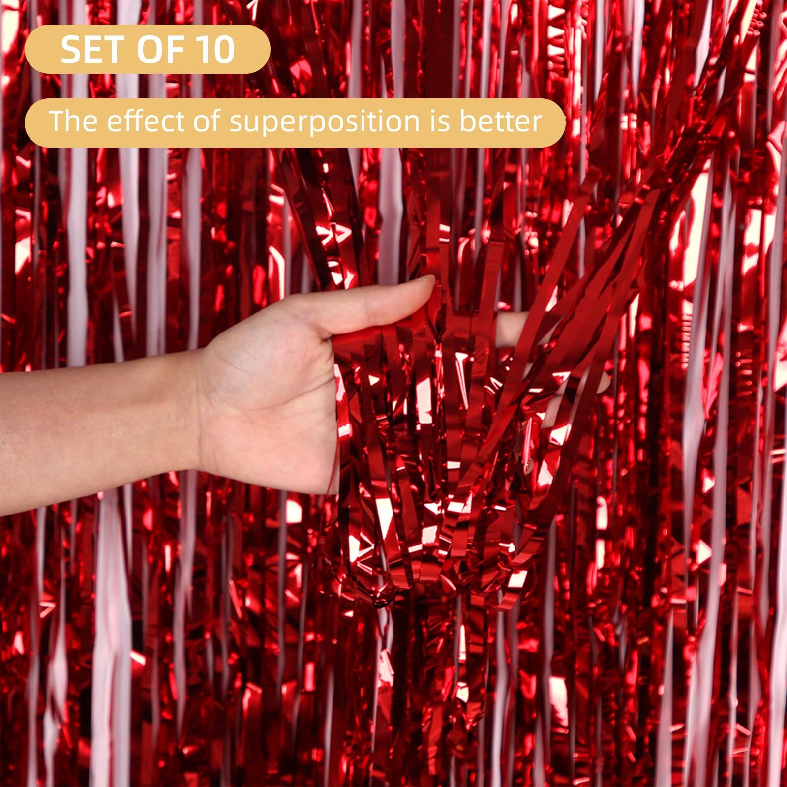 10 PCS Red Tinsel Foil Fringe Curtain Backdrop 3.2×9.8 Ft Photo Booth Decor