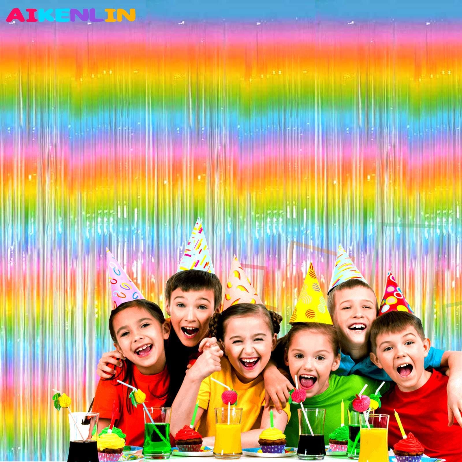 4 Pack 3.2×8.2Ft Rainbow Foil Fringe Curtain Backdrop for Birthday Party