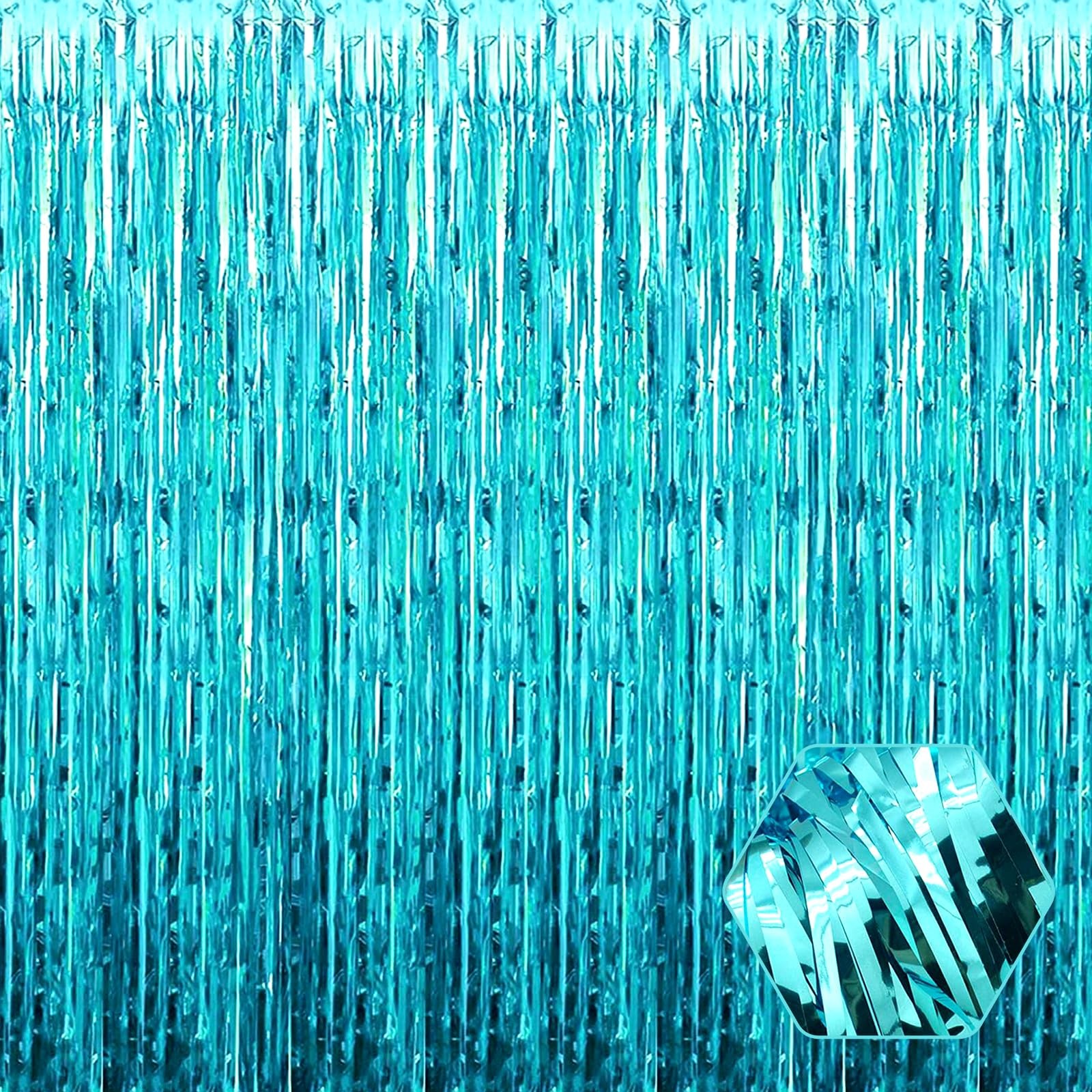 Lake Blue Foil Fringe Curtain Backdrop Metallic Tinsel 3.28×9.8FT 3 PCS Pack