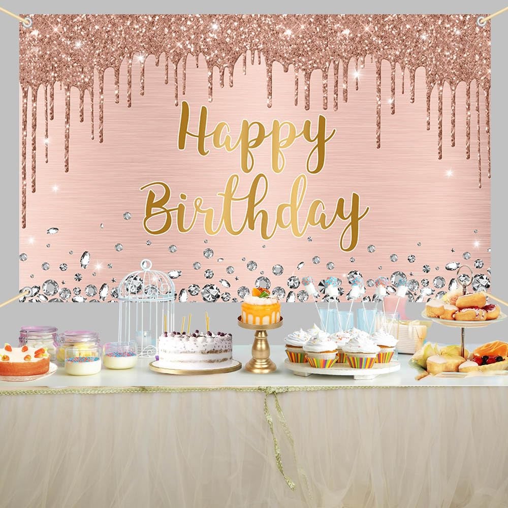 Happy Birthday Backdrop 5.9×3.6ft Pink Rose Gold Glitter Photography Decor