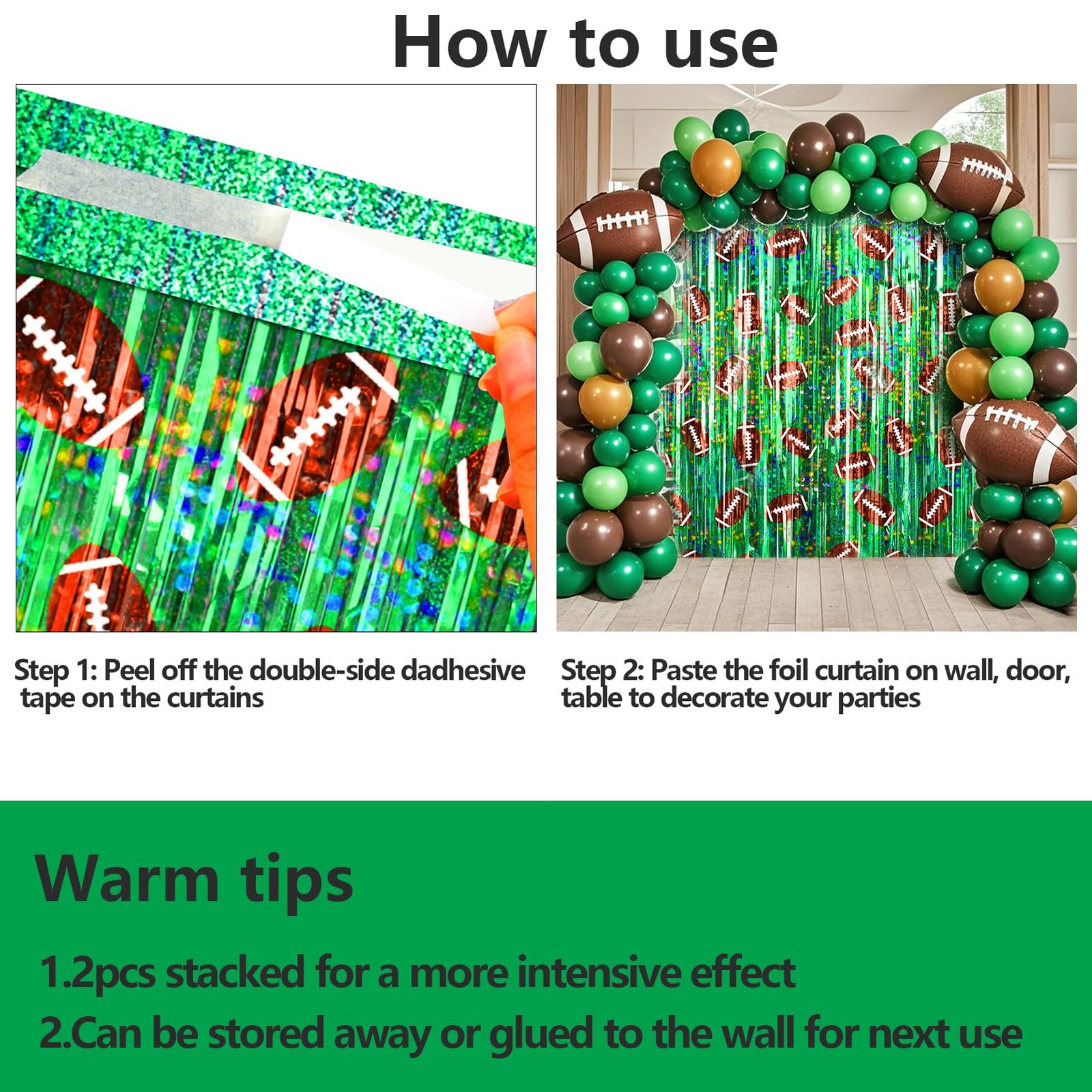 2 Pack Football Party Decorations Tinsel Backdrop Football Foil Fringe Curtains