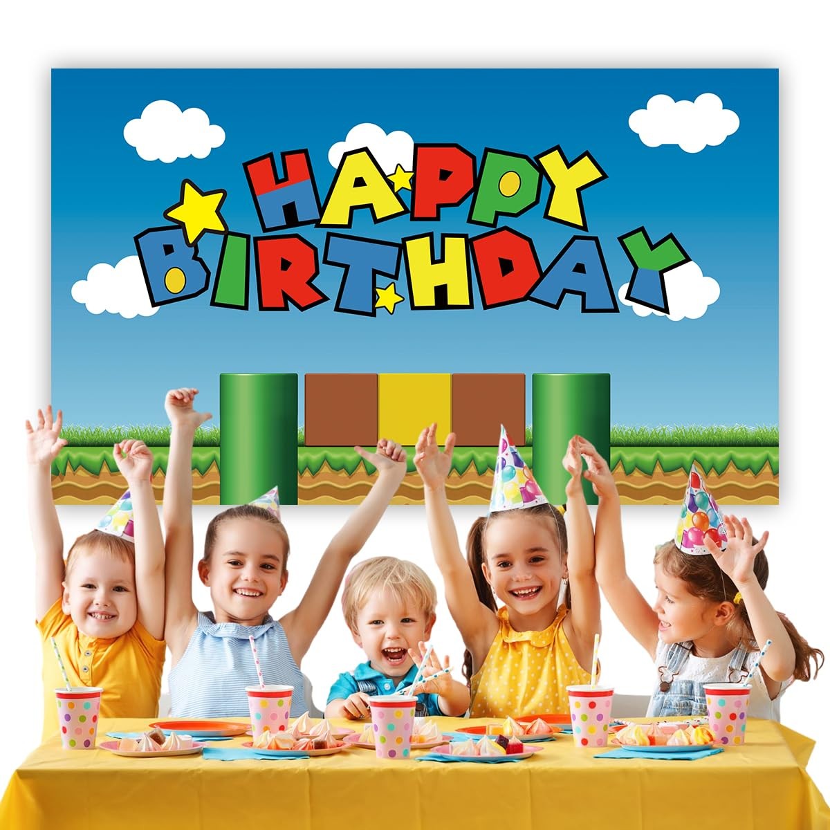 Super Bros Happy Birthday Party Backdrop, Baby Shower Cake Table Decoration S…