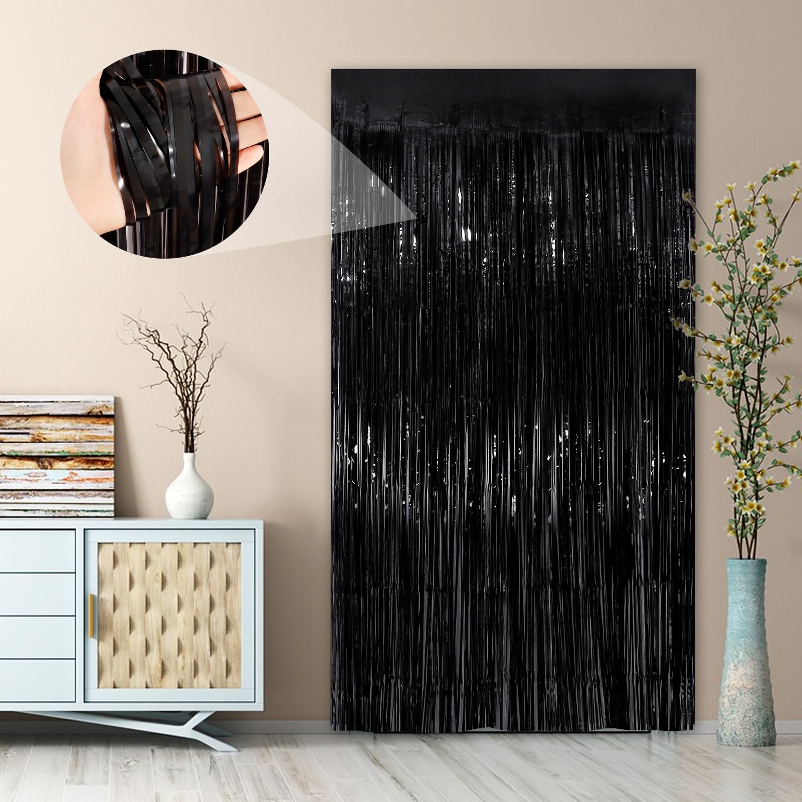4 PCS Black Fringe Curtain Party Streamers 3.3×8.3 Ft Foil Backdrop Tinsel