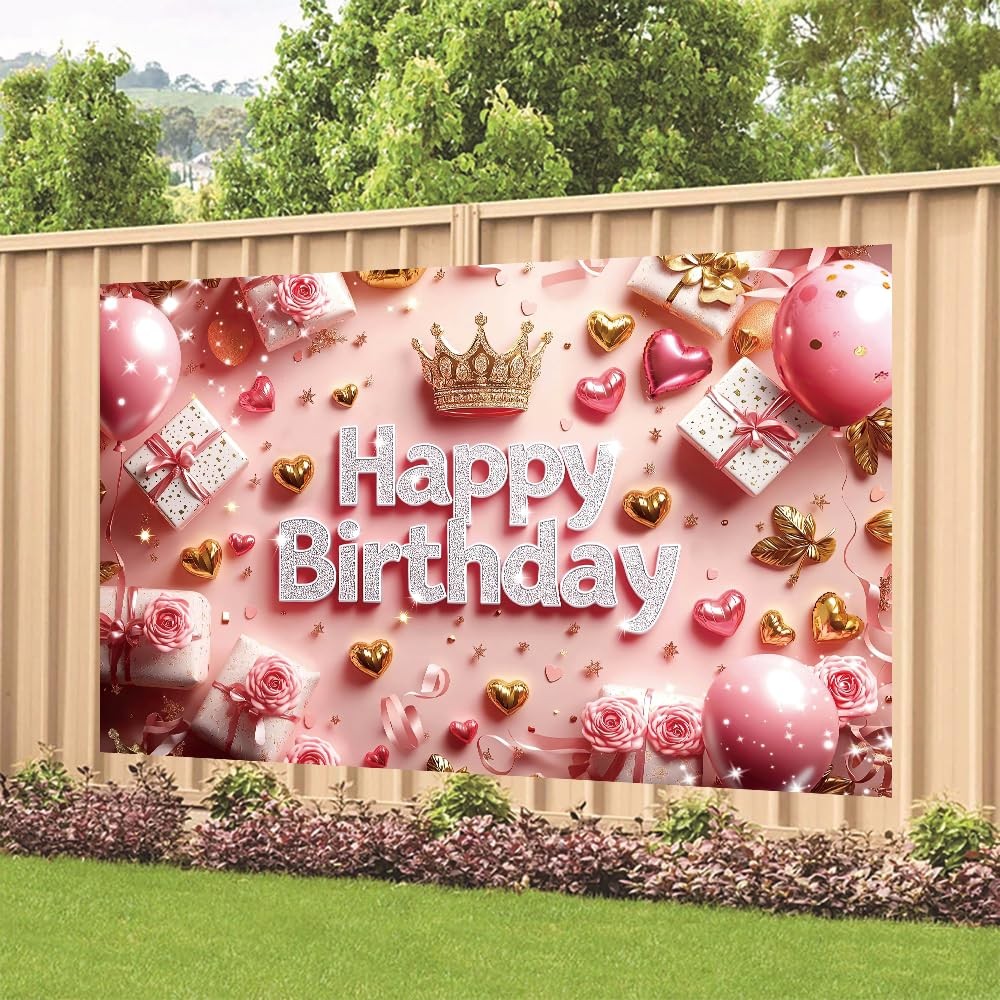 Pink Happy Birthday Backdrop Banner Gold 70.8 x 47.2 Inch,