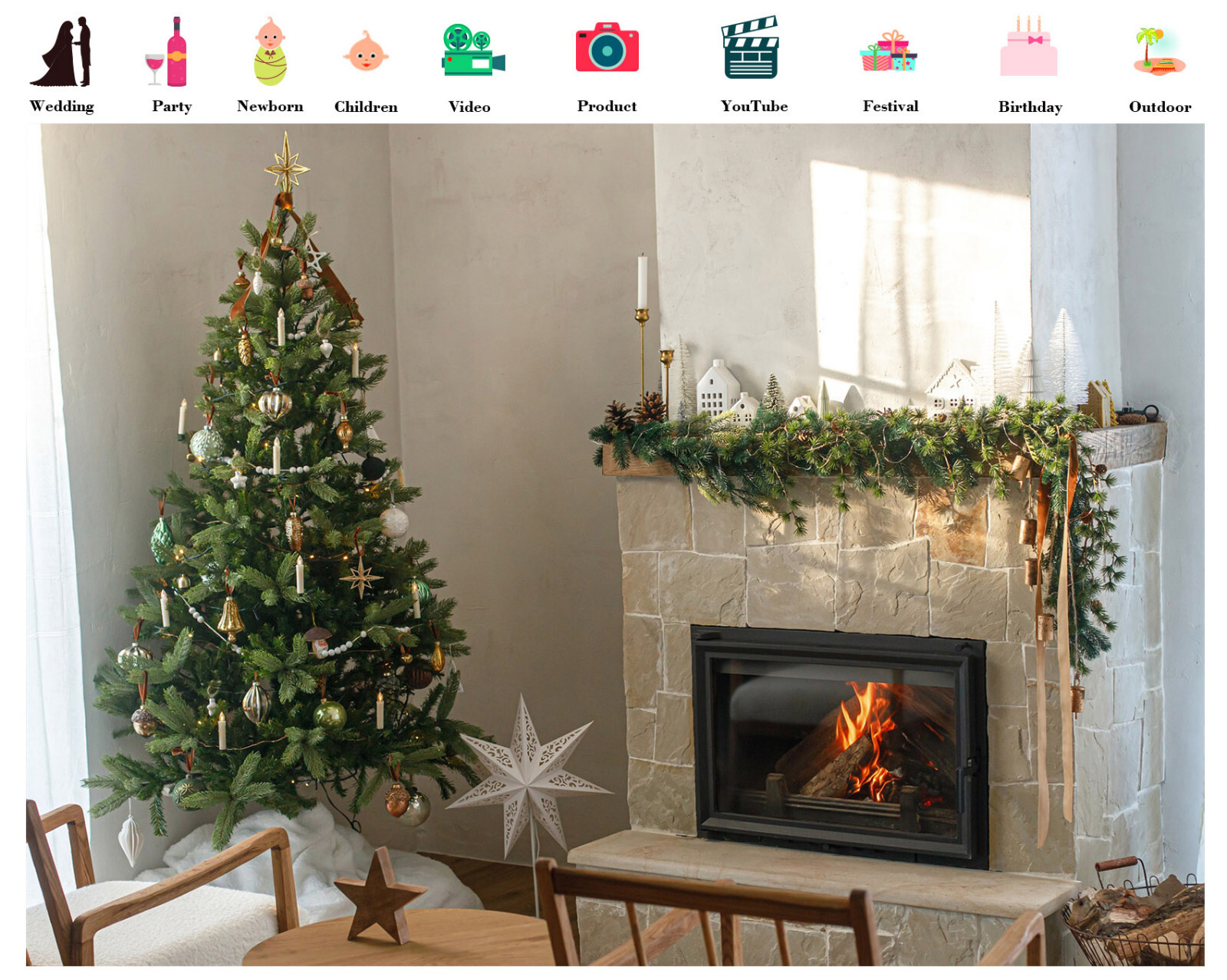 10x8ft Winter Fireplace Green Christmas Tree Vinyl Backdrop Photo Background