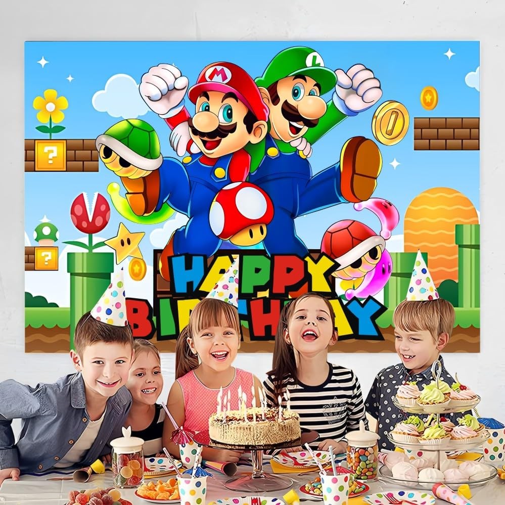 Mario Wall Decor Backdrop for Kids Birthday Decorations, Mario Banner for Bir…