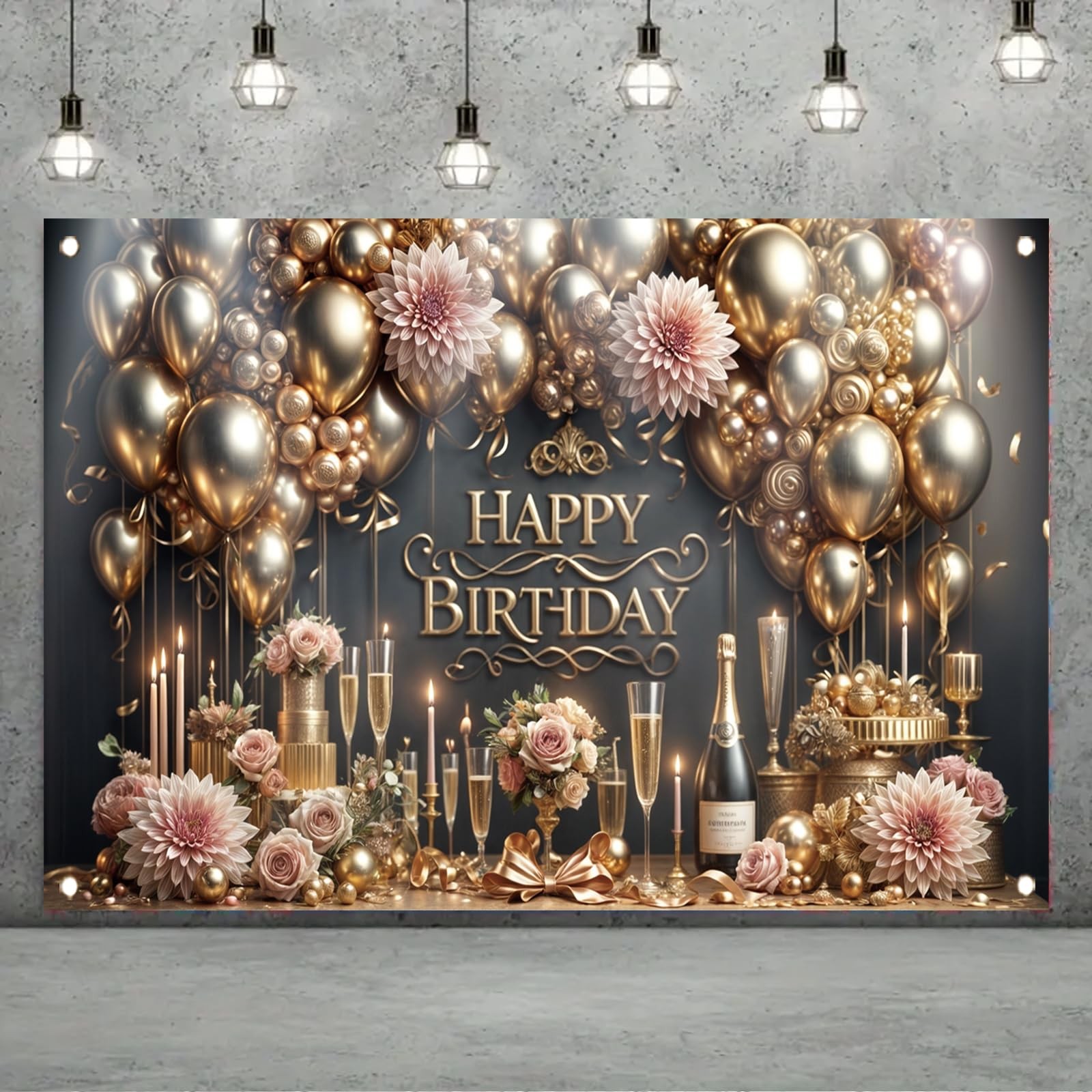 Starlit Patio Luxury Happy Birthday Backdrop Black Gold Party Decoration Elegant