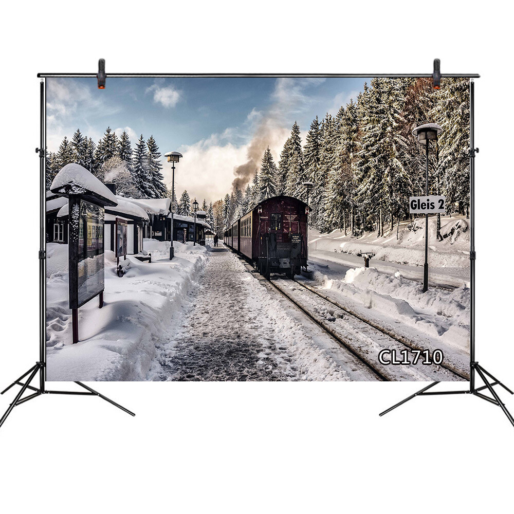 10x8ft Winter Snow Station Retro old Train Pine Photo Background Vinyl Backdrop