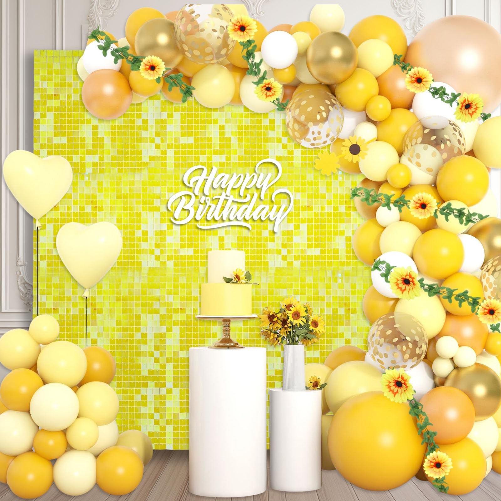 48 PCS Colorful Yellow Shimmer Wall Backdrop, Square Sequin