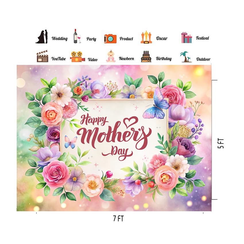 7X5FT Mother’s Day Backdrop Watercolor Flowers Backdrop Family Party Background
