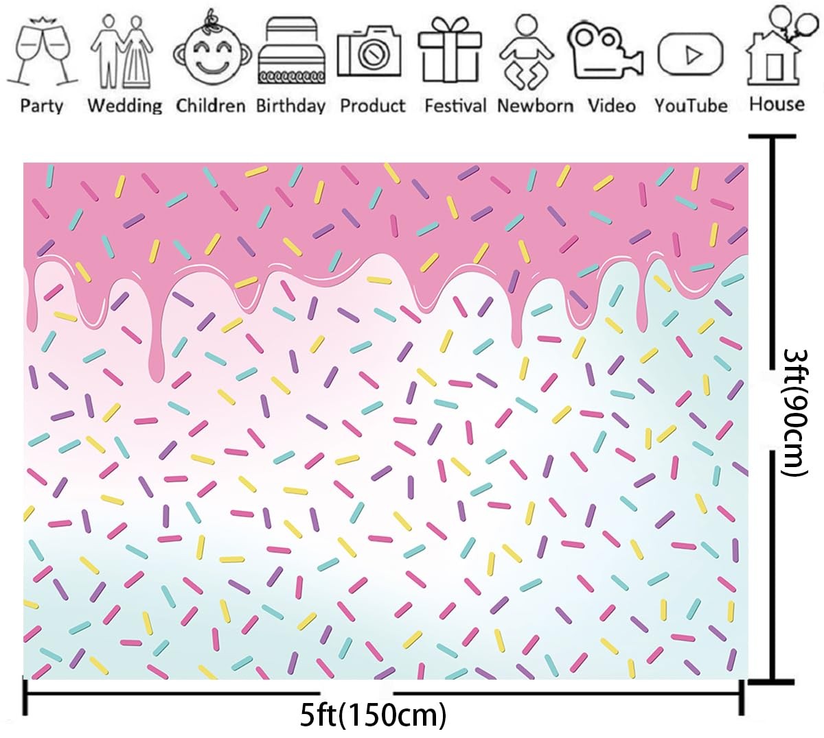 Donut Grow Up Birthday Party Backdrop Bright Confetti Sprinkle Pink 5x3FT