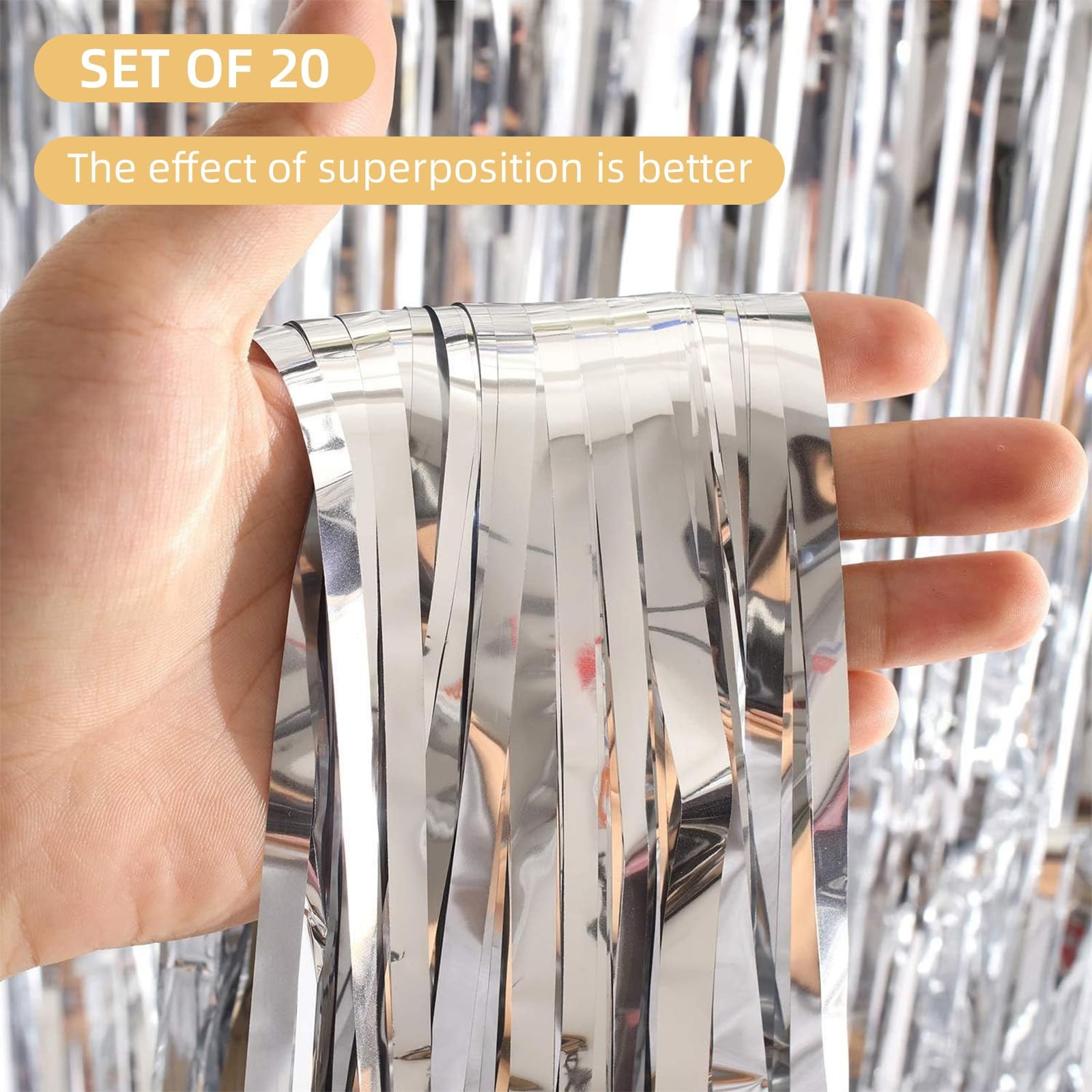20 Pack Silver Foil Fringe Curtains 3.2ft x 9.8ft Silver Foil Curtain Backdro…