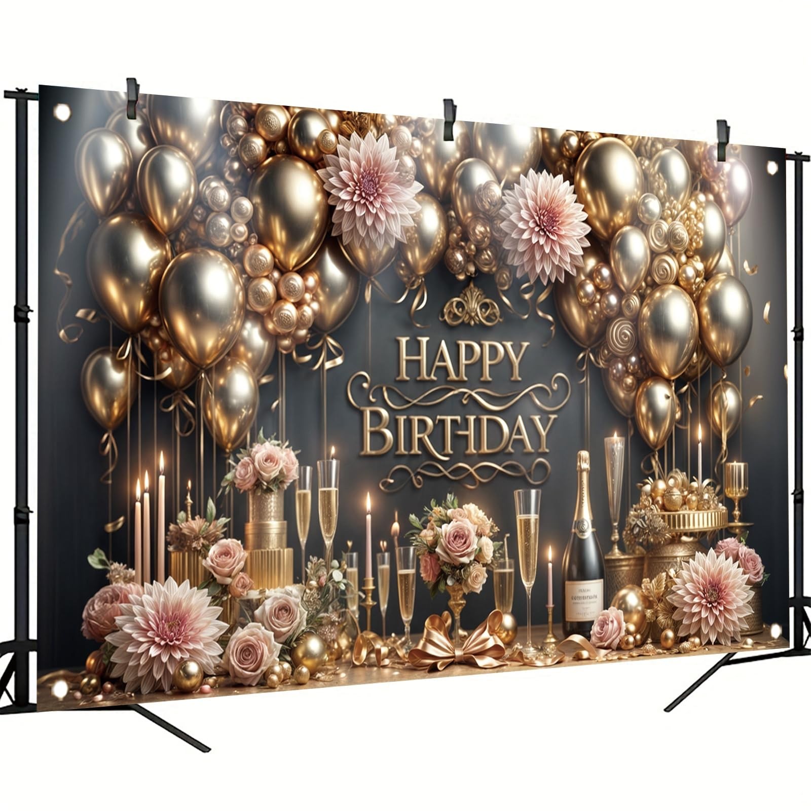 Starlit Patio Luxury Happy Birthday Backdrop Black Gold Party Decoration Elegant