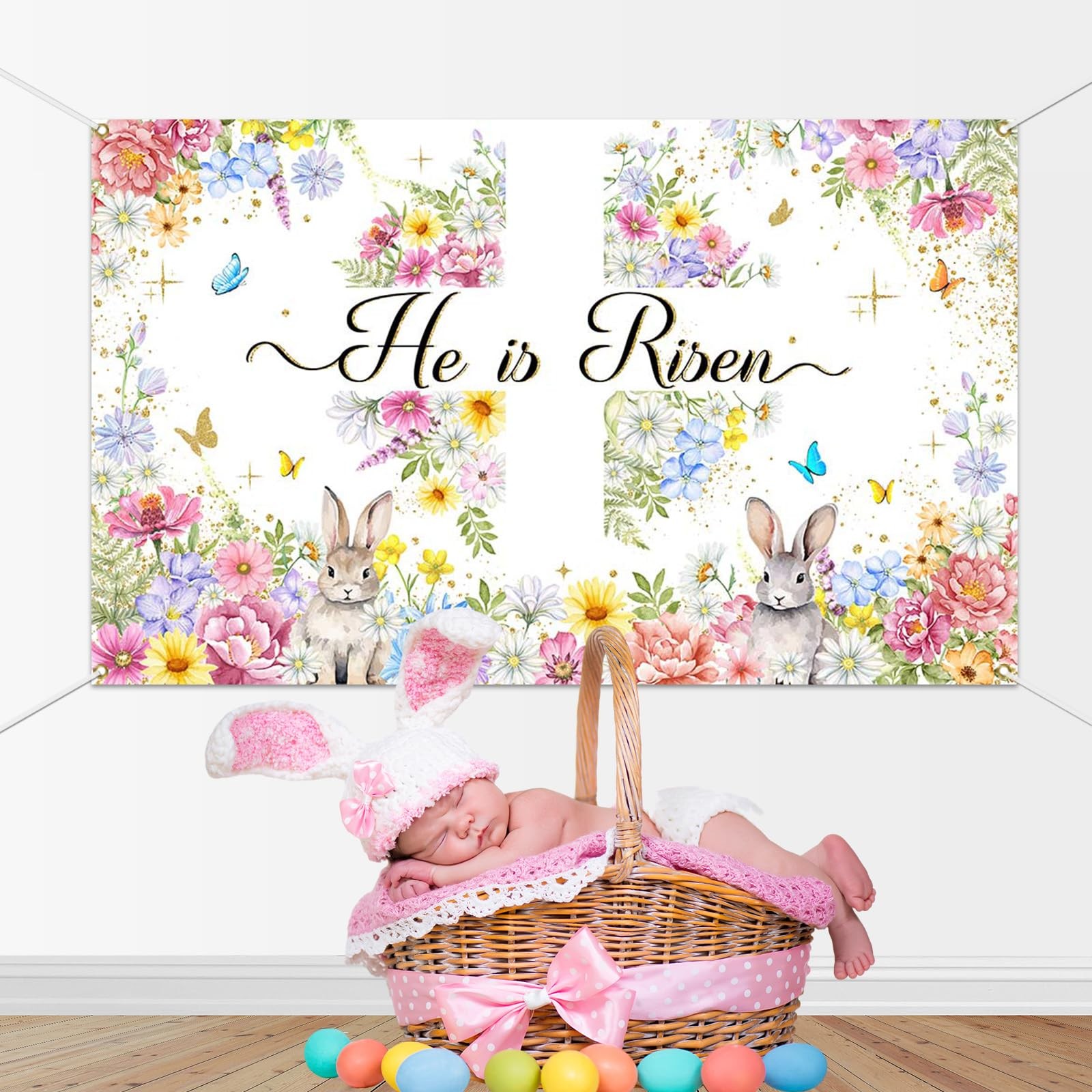 Mocsicka Easter He is Risen Banner Backdrop Spring 70.8″L x 43.3″W, Muti