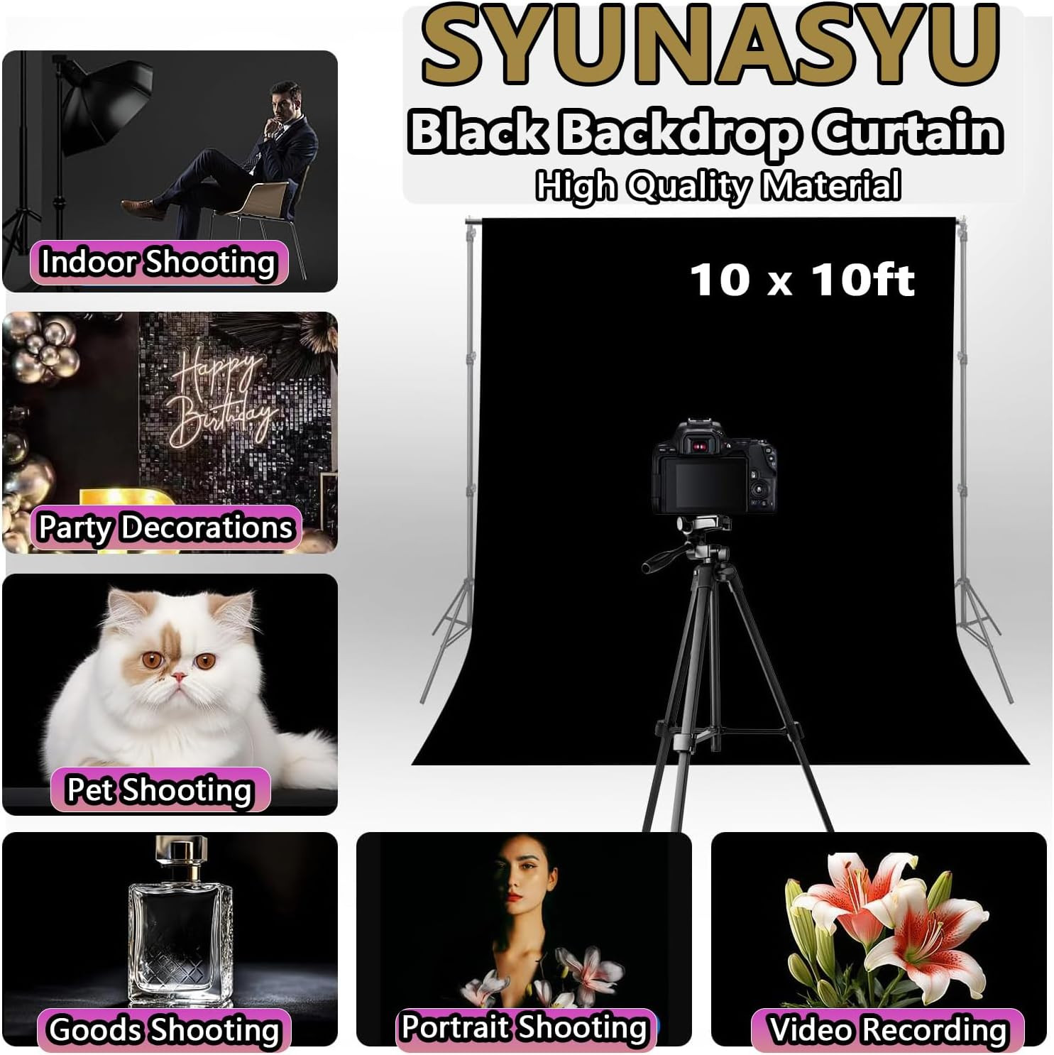 Black Backdrop 10 X 10 Ft, Solid Black Photo Backdrop, High Density Polyester Fa