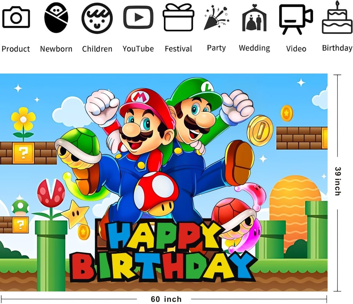 Mario Wall Decor Backdrop for Kids Birthday Decorations, Mario Banner for Bir…