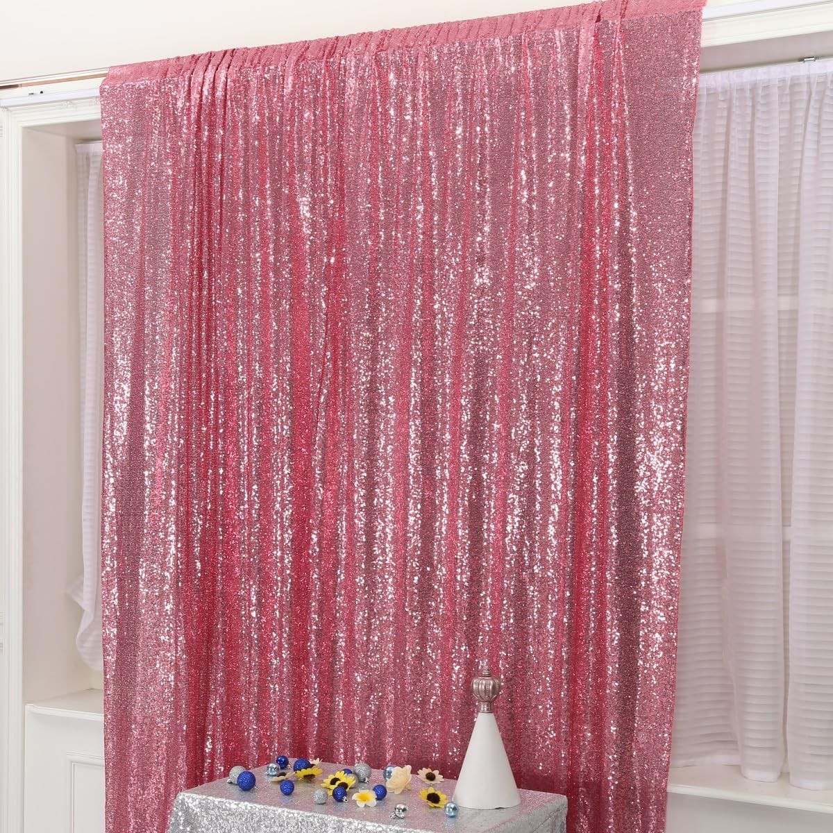6x8Ft Fuchsia Pink Sequin Glitter Backdrop Photography Curtains Party Decor