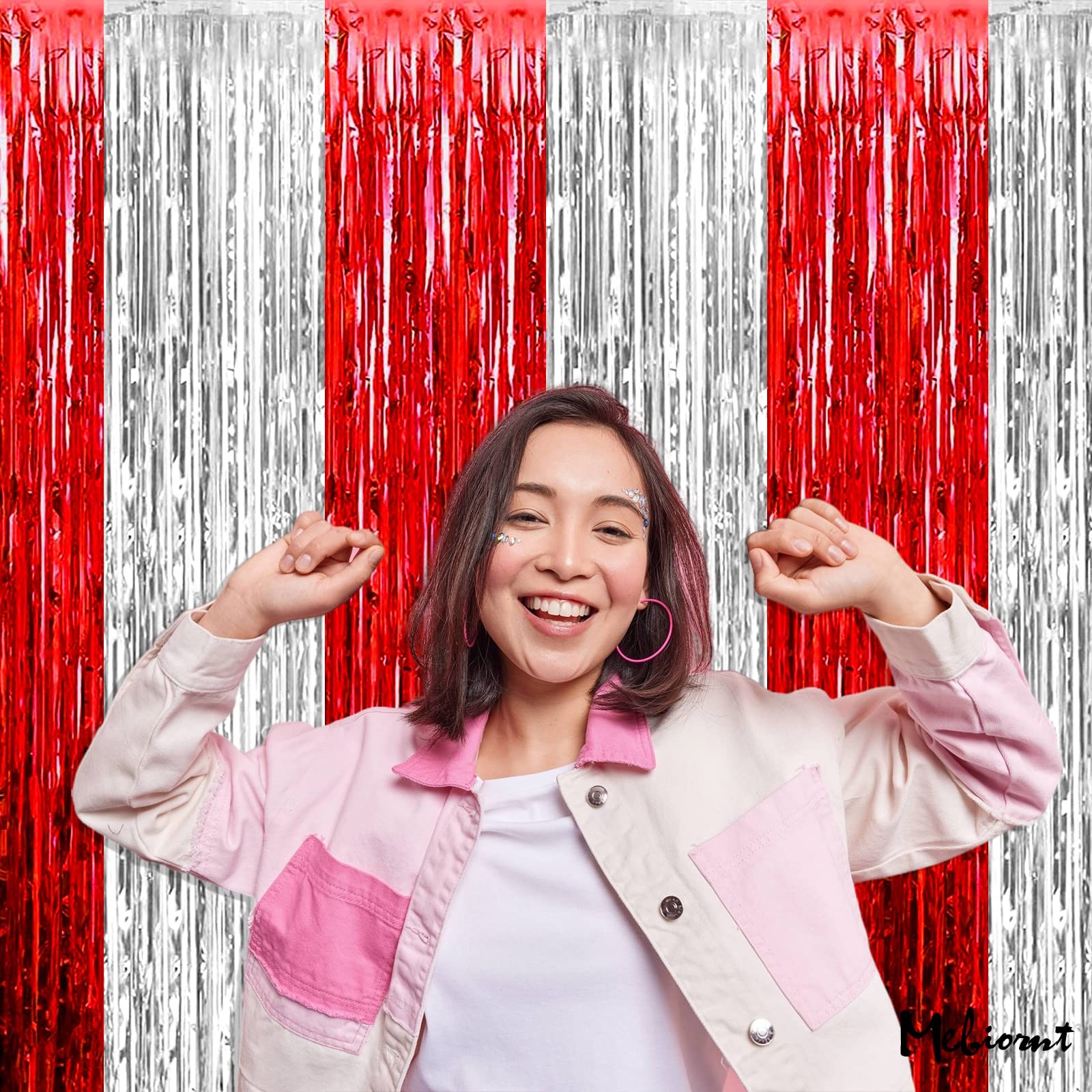 4 PCS 3.2×9.8Ft Red Silver Fringe Curtain Backdrop Metallic Tinsel Foil