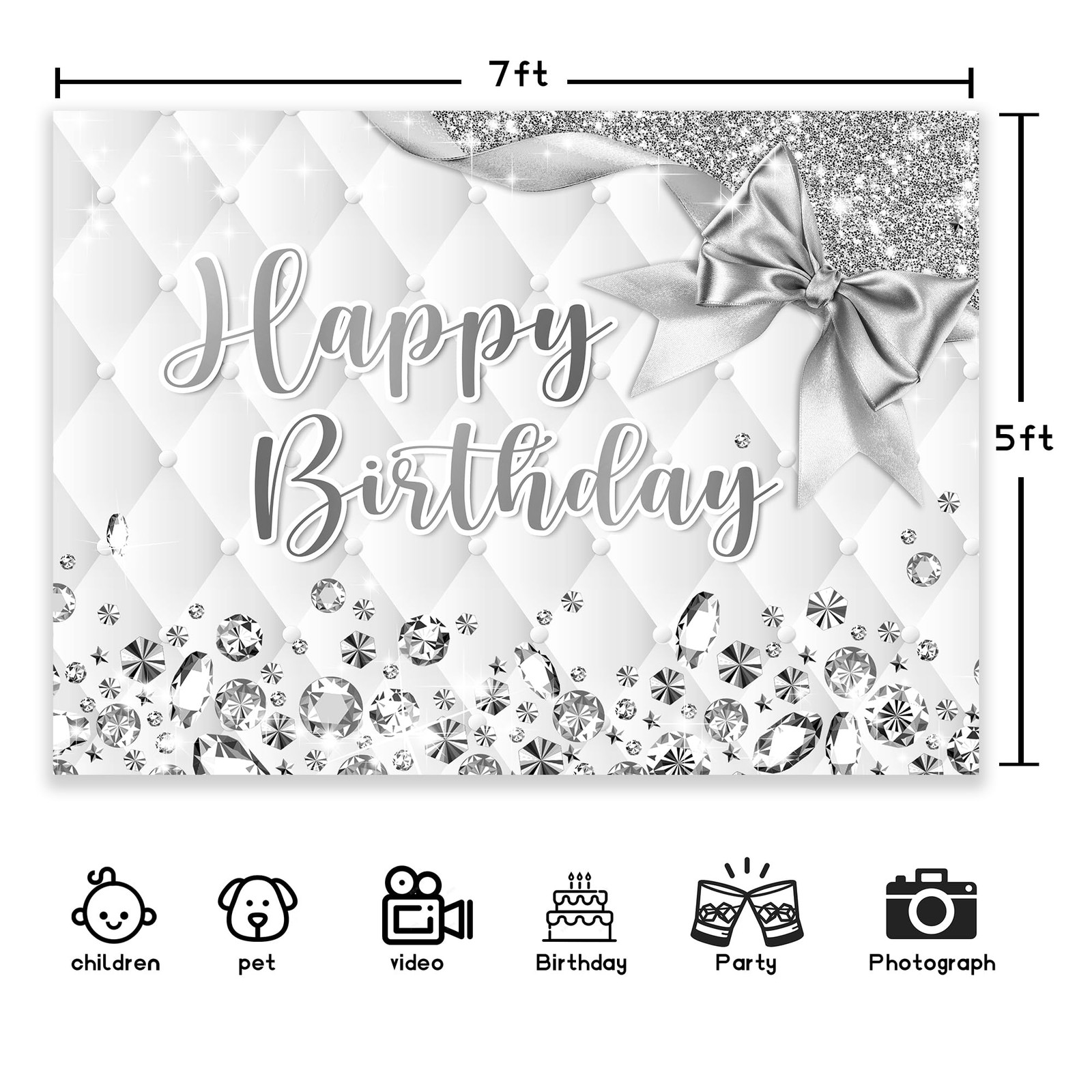 White and Silver Birthday Backdrop 7Wx5H Photography Happy Birthday Backdrop