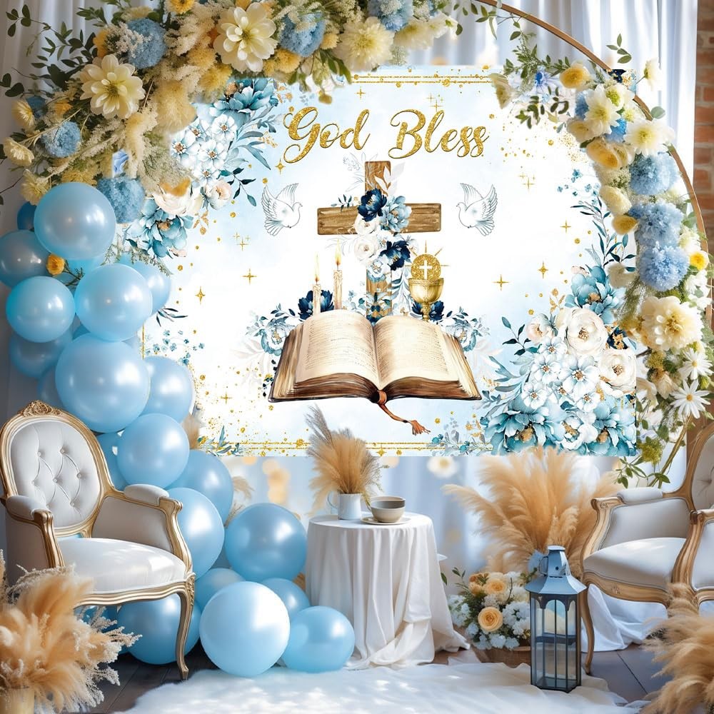 God Bless Backdrop 7x5FT First Holy Communion Baptism Blue Flower Cross Photo