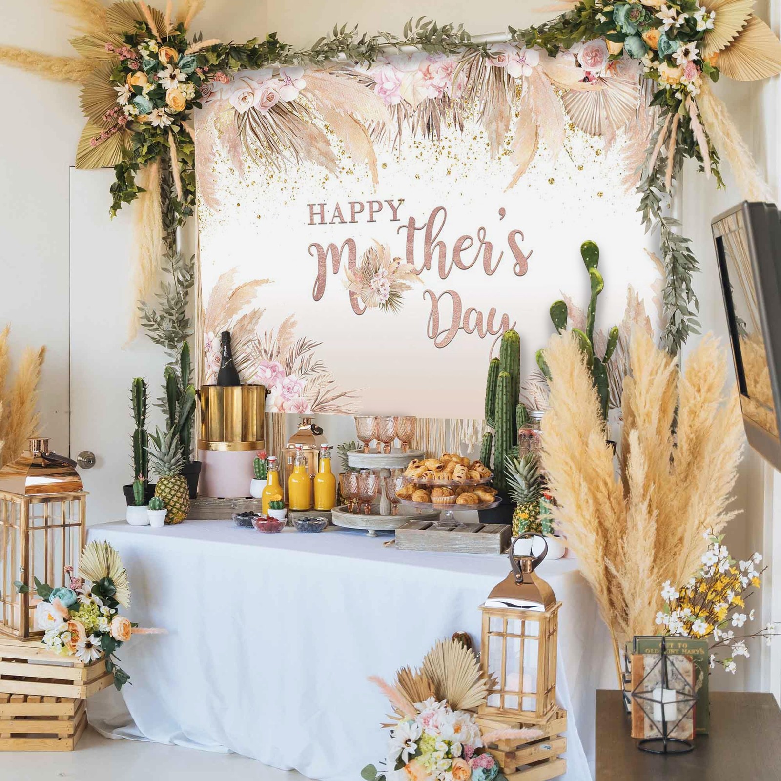 7x5ft Mothers Day Backdrop Boho Flowers Happy Mother’s Day Banner Pampas Grass