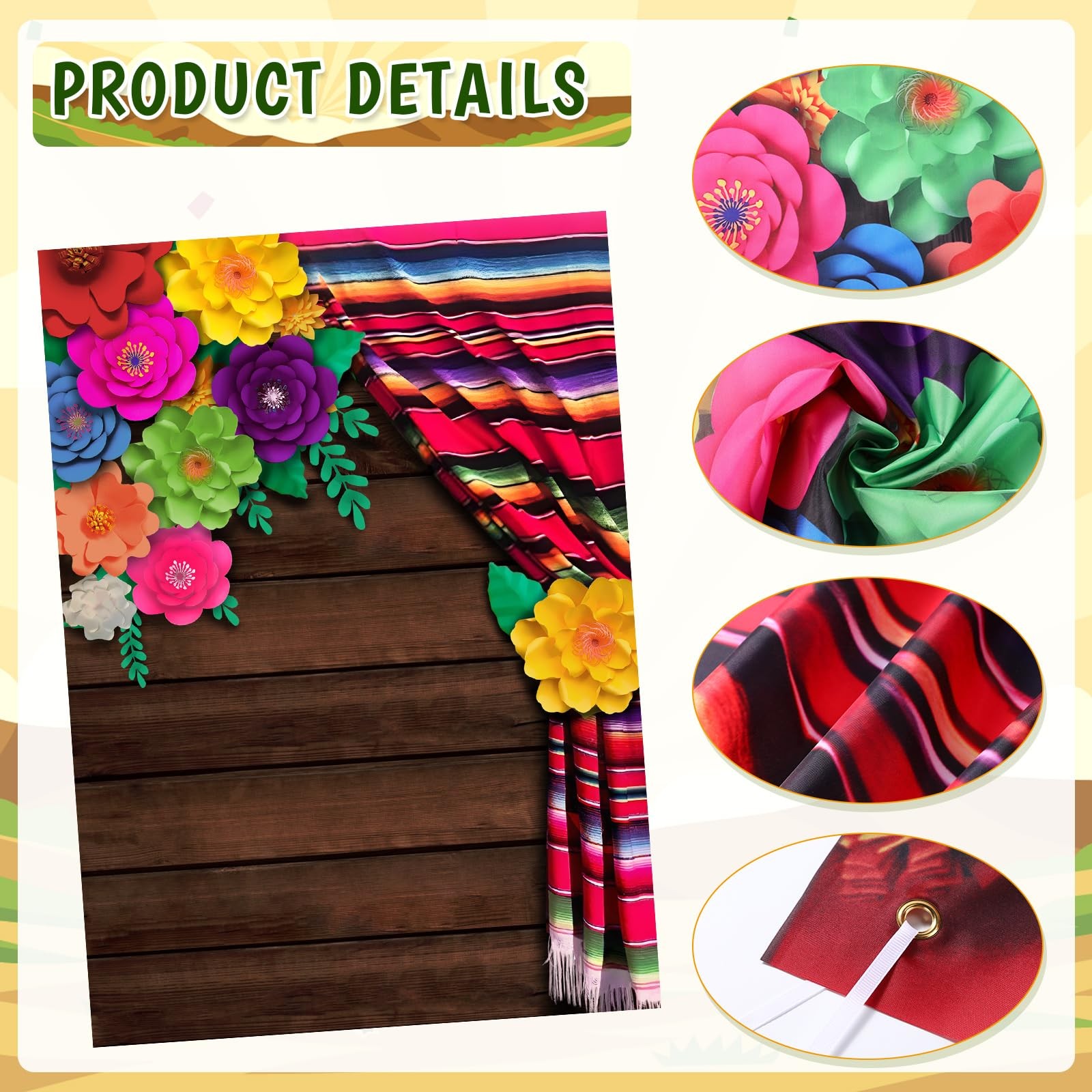 8x5ft Mexican Fiesta Theme Backdrop Cinco De Mayo Flowers Wood Grain Photo Prop