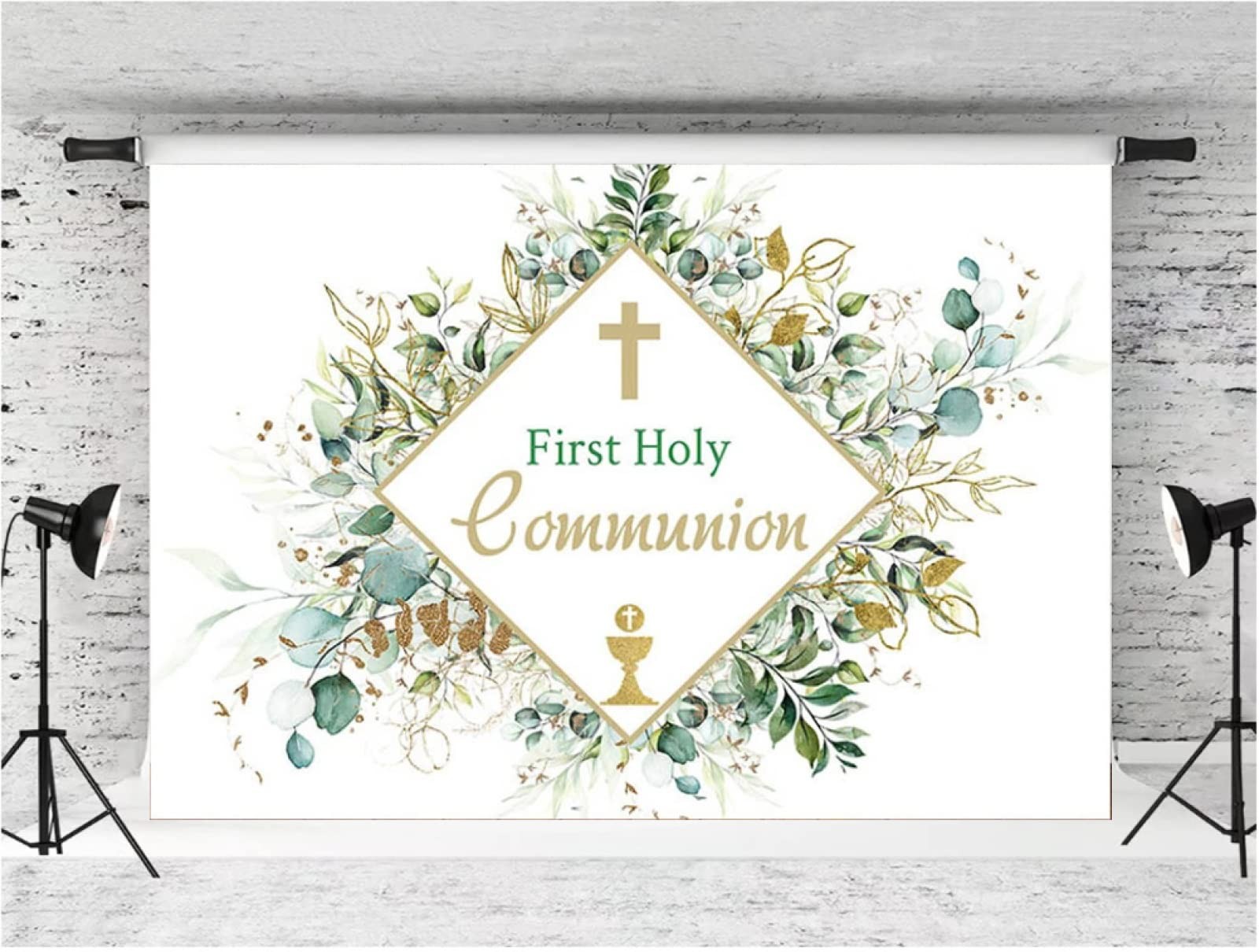 6x4ft First Communion Green Leaves Decorative Backdrop, God Bless Background