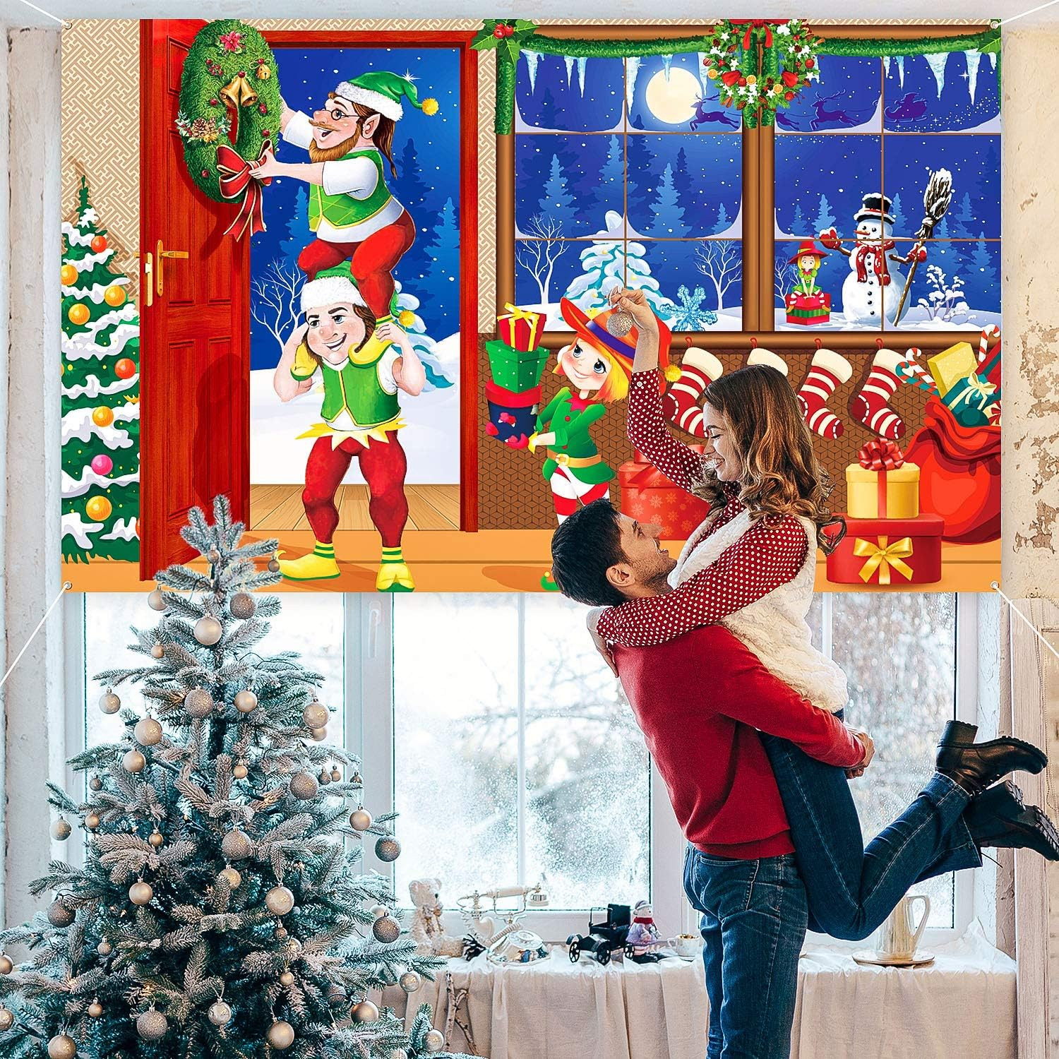 Merry Christmas Elves Backdrop 70.8×43.3 Winter Photo Wall Banner Decoration Joy