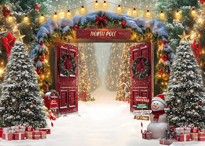 Fabric Christmas Backdrop Winter Forest Wooden Barn Door Decor 8x6ft