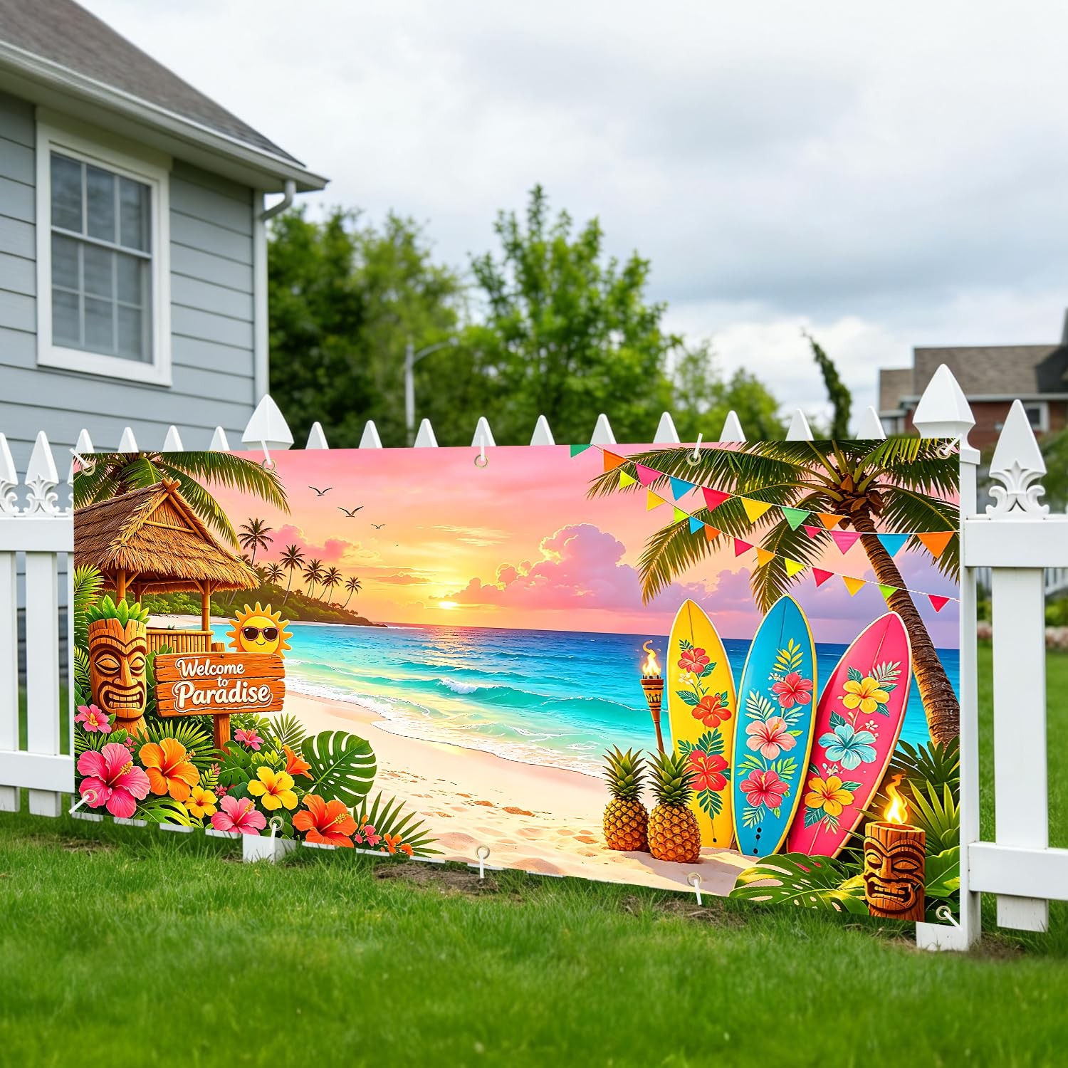 Tropical Paradise Garage Door Banner 7 x 16 FT,Extra Large Hawaiian Luau Part…