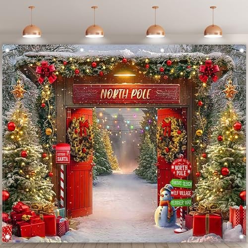 10x8ft Fabric Christmas Backdrop Winter Forest Wooden Barn Door North Pole