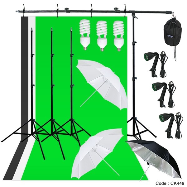 Photography Lighting Muslin Backdrop Boom Stand Studio Kit 3 Backdrop 3 Light