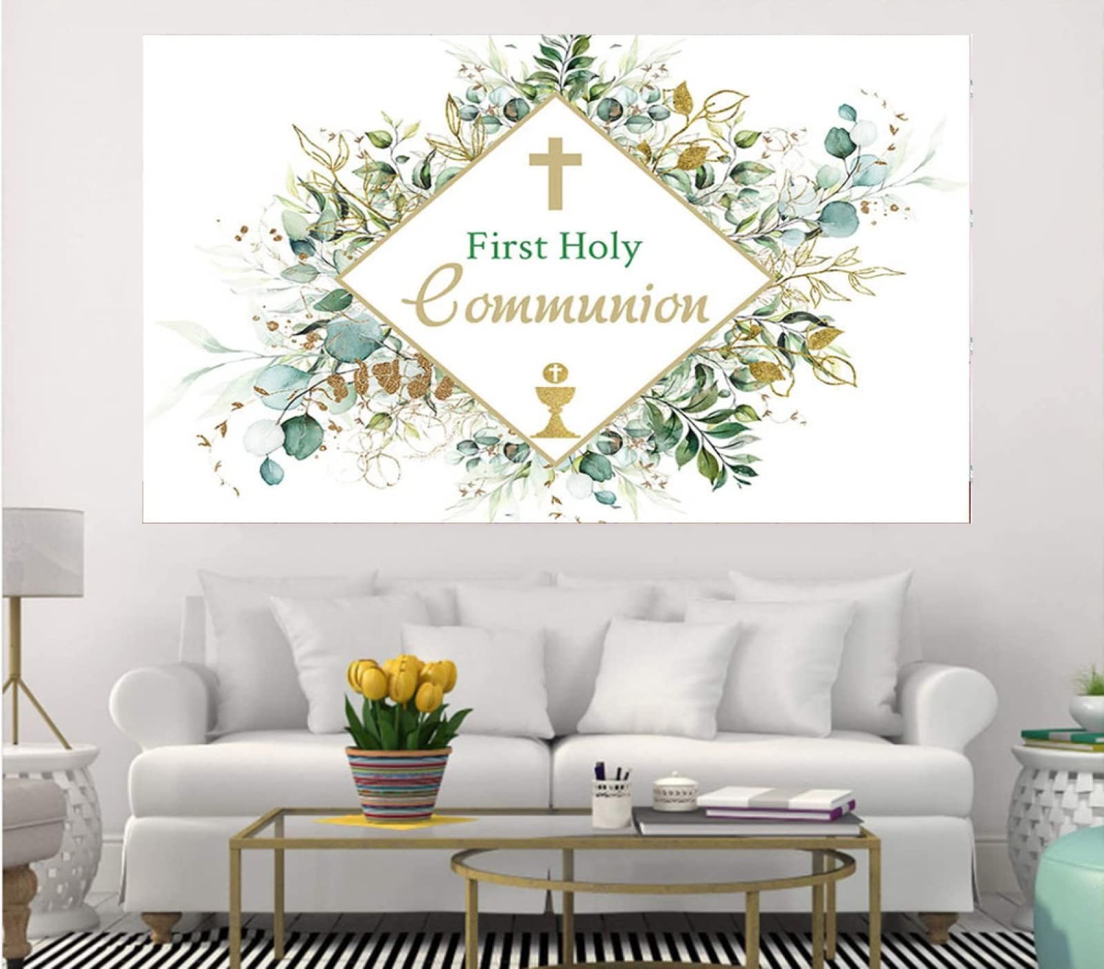 6x4ft First Communion Green Leaves Decorative Backdrop, God Bless Background
