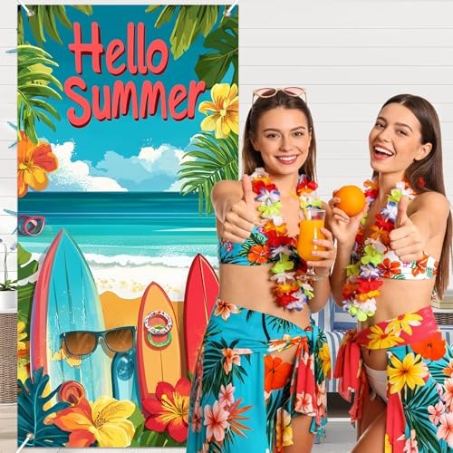 Hello Summer Beach Door Cover Backdrop – Vibrant, Blue, Green, Yellow