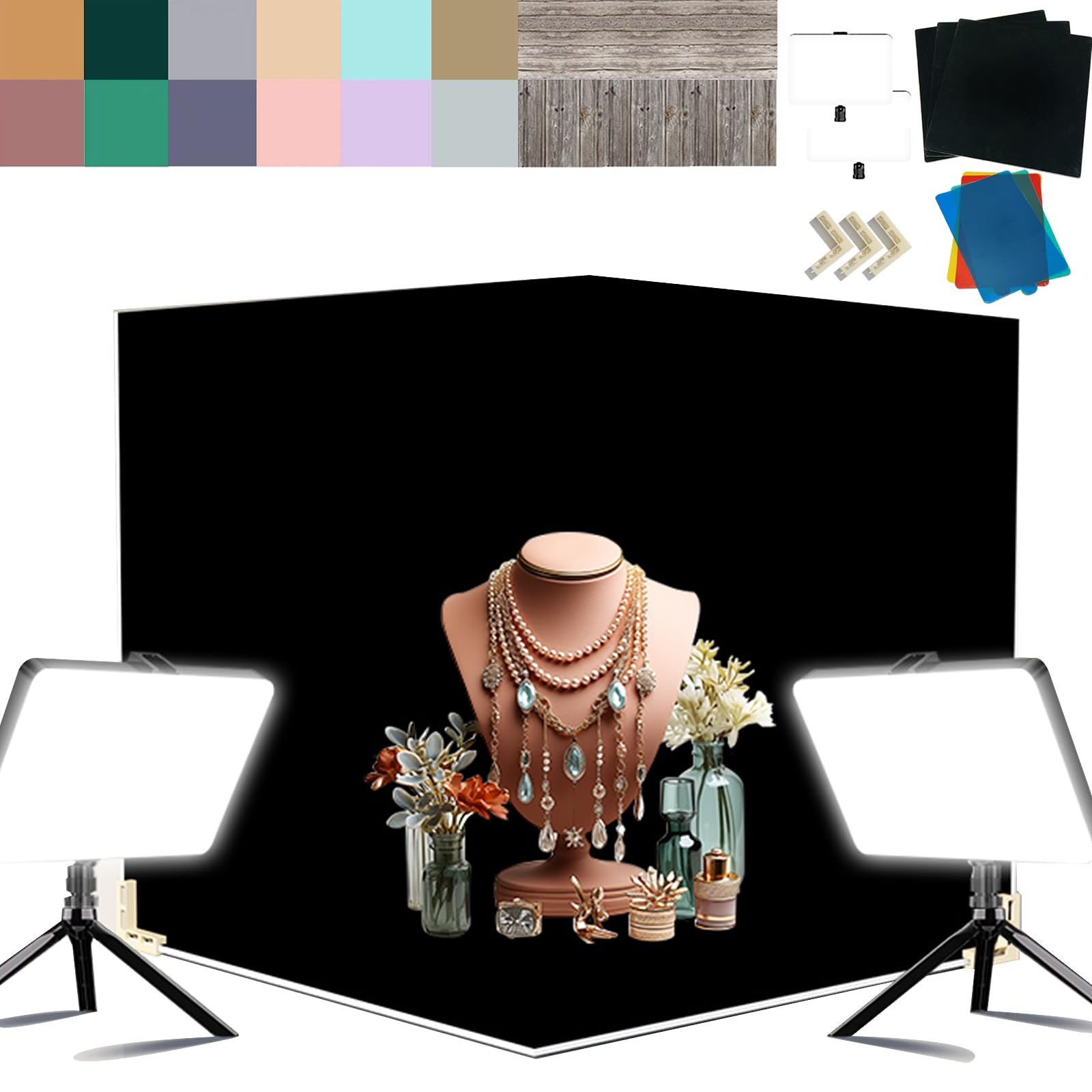 Photo Backdrop Board with 2 LED Lighting Shooting Kit, 14Pcs 28Patterns 16×16…