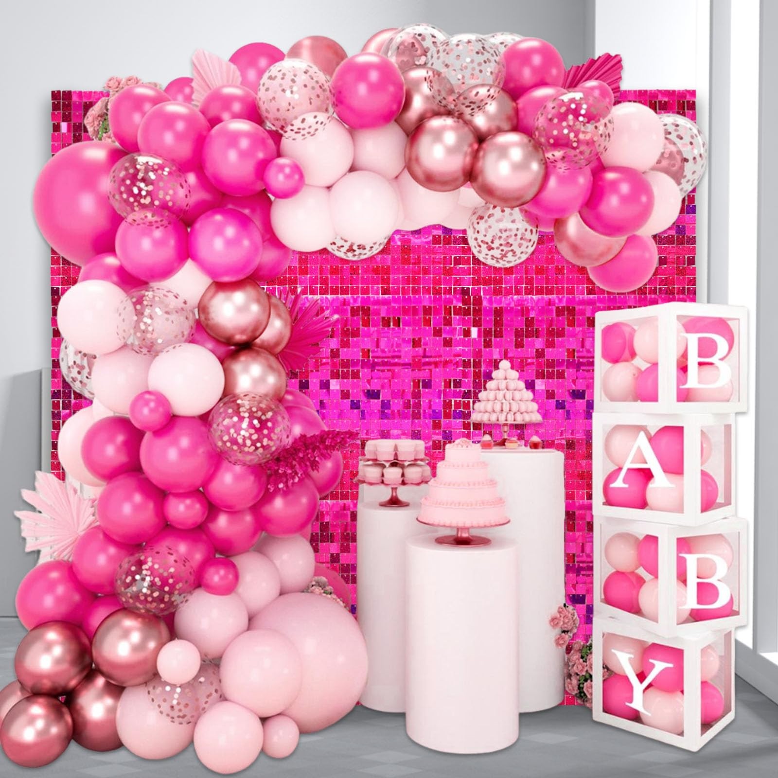 48 PCS Hot Pink Shimmer Wall Backdrop, Laser Square Sequin