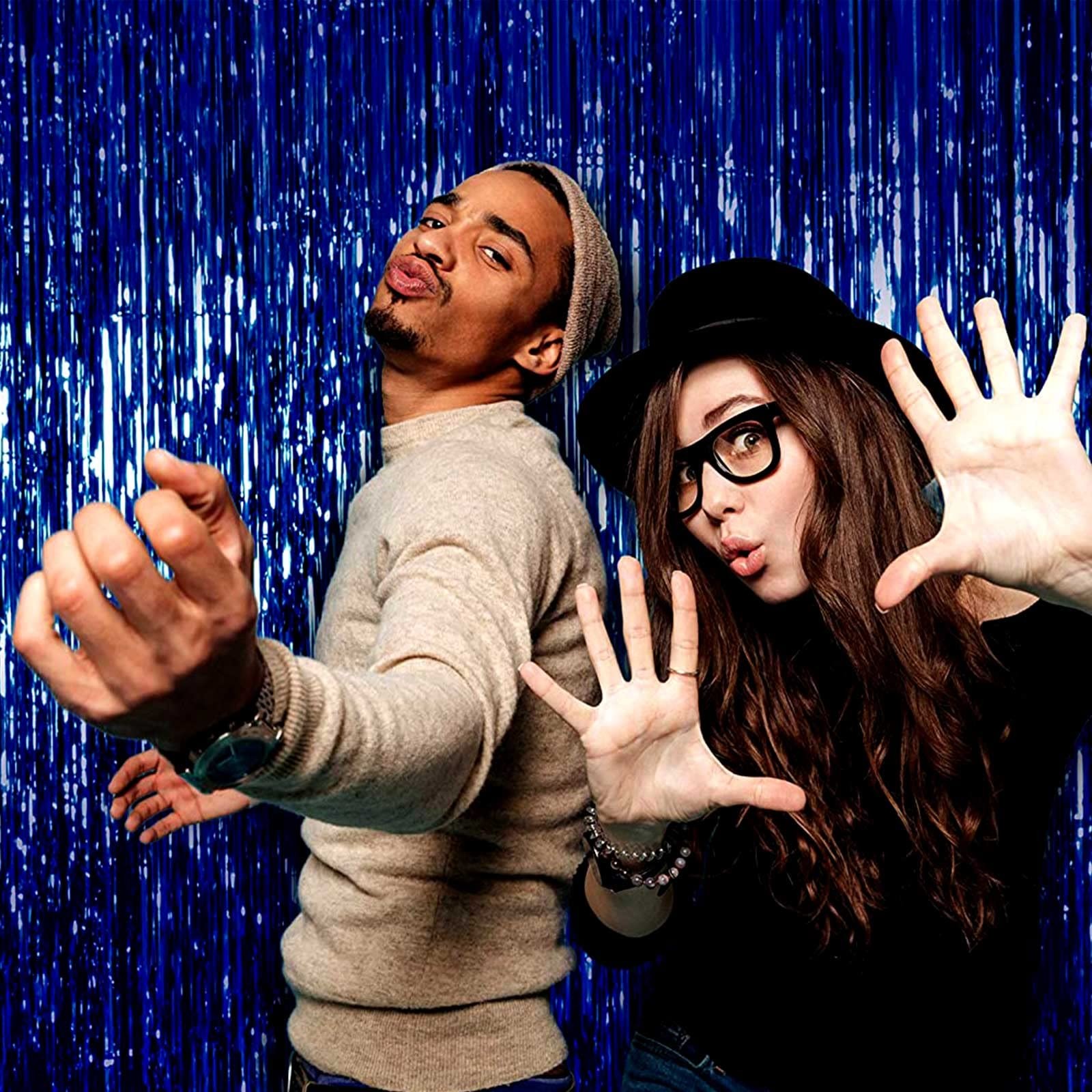 4 Pack Blue Foil Fringe Curtain Backdrop Metallic Tinsel Photo Booth Props
