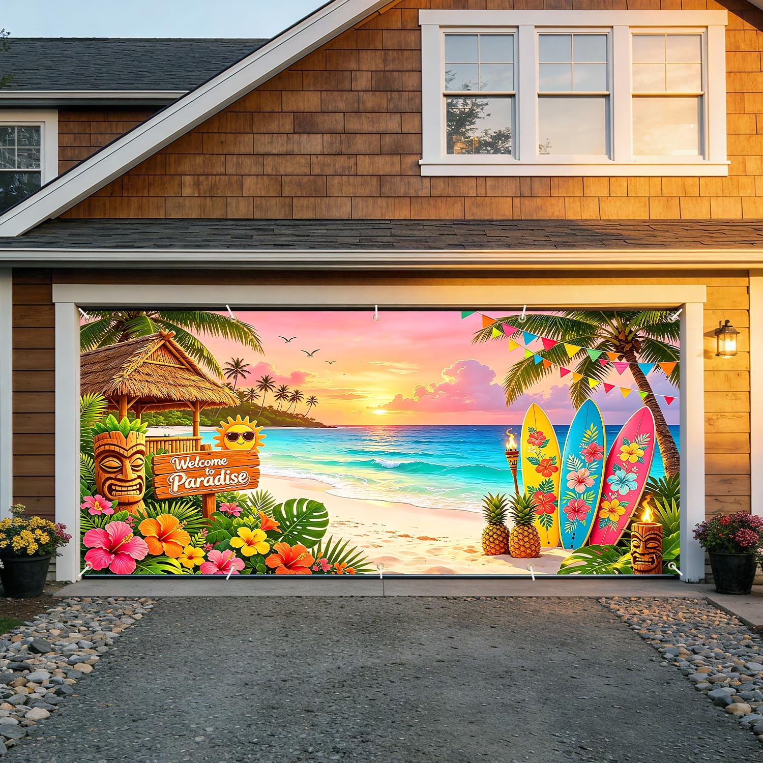 Tropical Paradise Garage Door Banner 7 x 16 FT,Extra Large Hawaiian Luau Part…