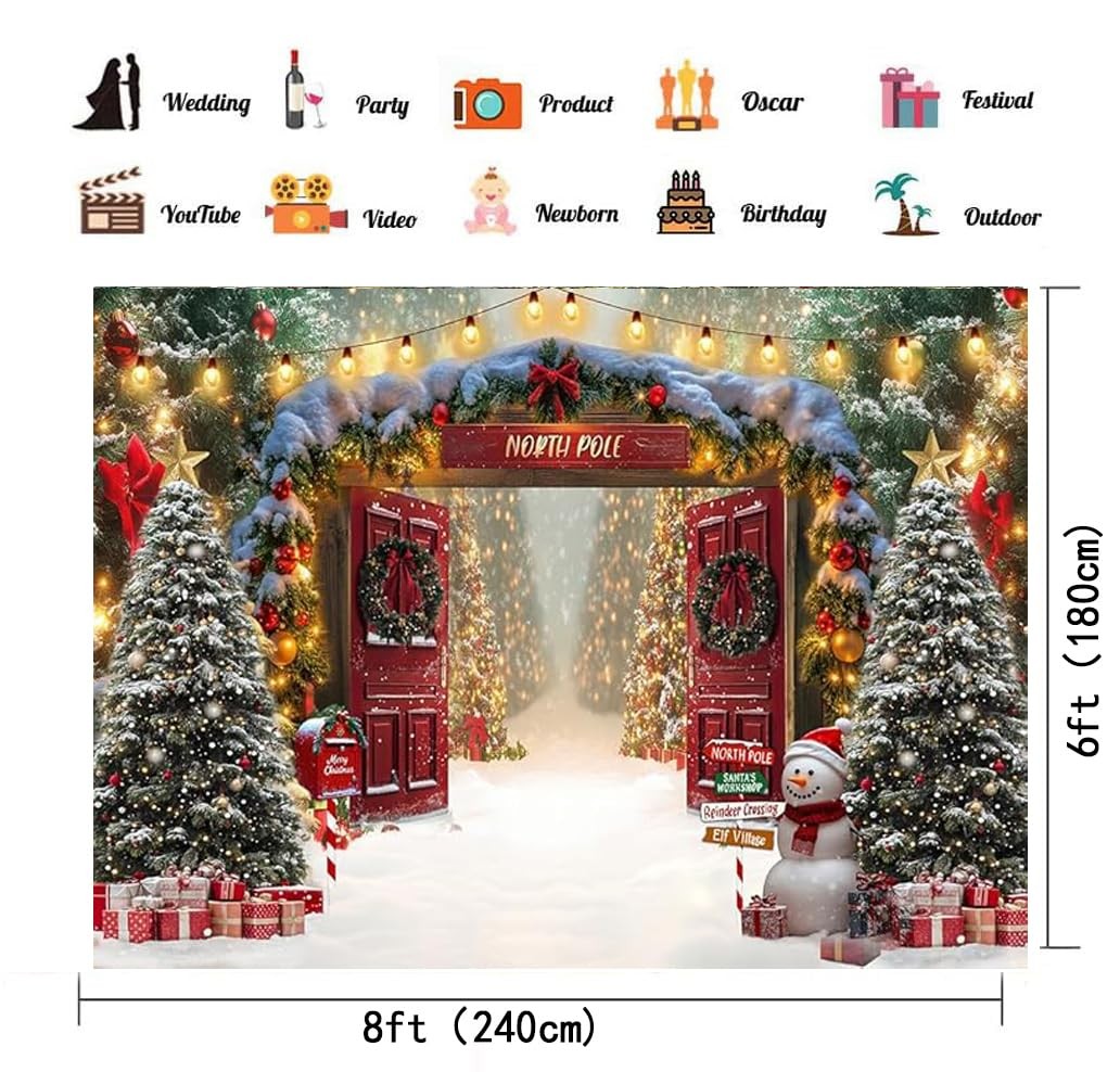 Fabric Christmas Backdrop Winter Forest Wooden Barn Door Decor 8x6ft