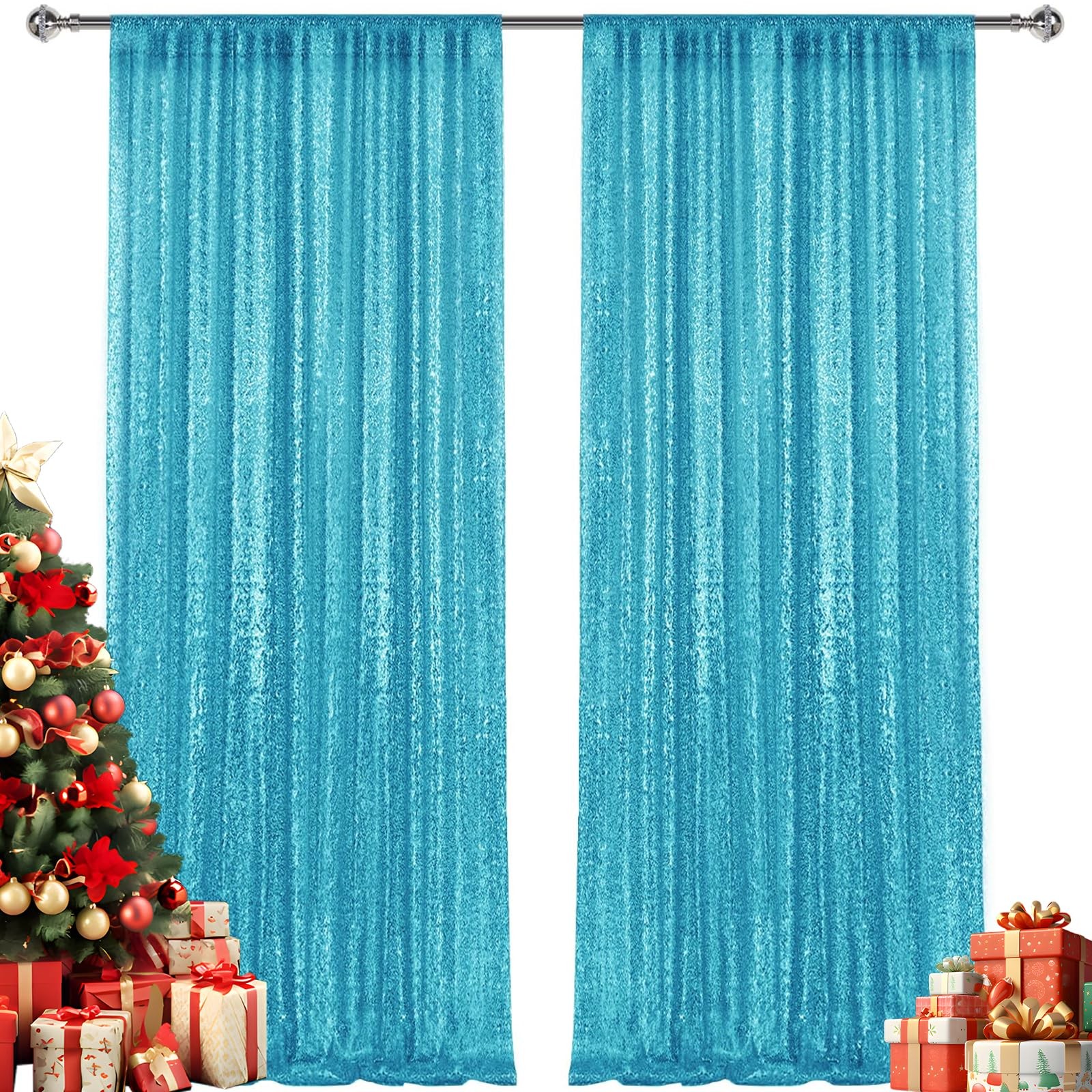Turquoise Sequin Backdrop Curtains Panels Photography Glitter 28FT 2 PCS