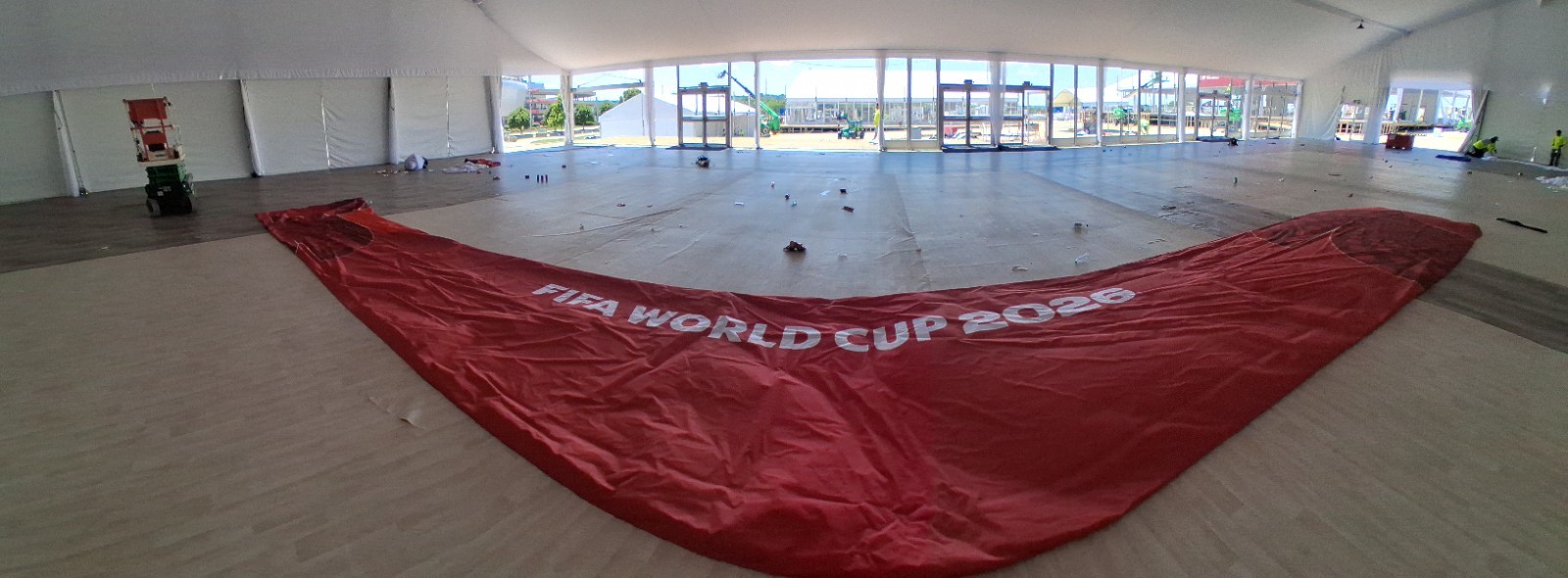 Large Red Fabric Backdrop Background Banner w/ White “FIFA WORLD CUP” Text